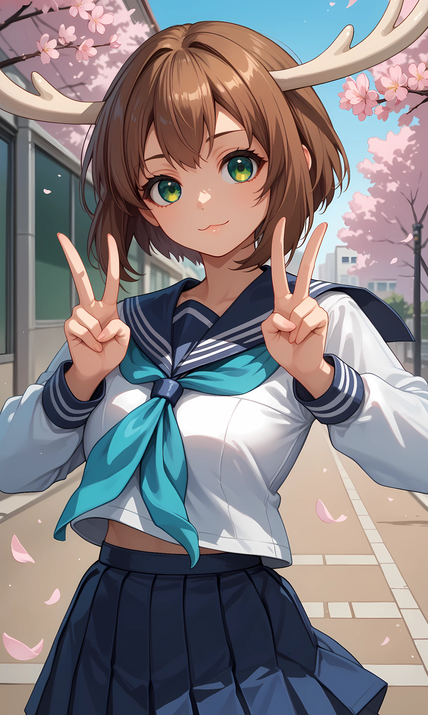 score_9, score_8_up, score_7_up, BREAK source_anime, 1girl, solo, outdoors, street, cherry blossoms, cowboy shot, standing, looking at viewer, shiny skin, nokotan, blue eyes, green eyes, two-tone eyes, brown hair, short hair, deer antlers, school uniform, white shirt, long sleeves, blue serafuku, aqua neckerchief, blue skirt, white socks, brown shoes, upper body, close-up, double v