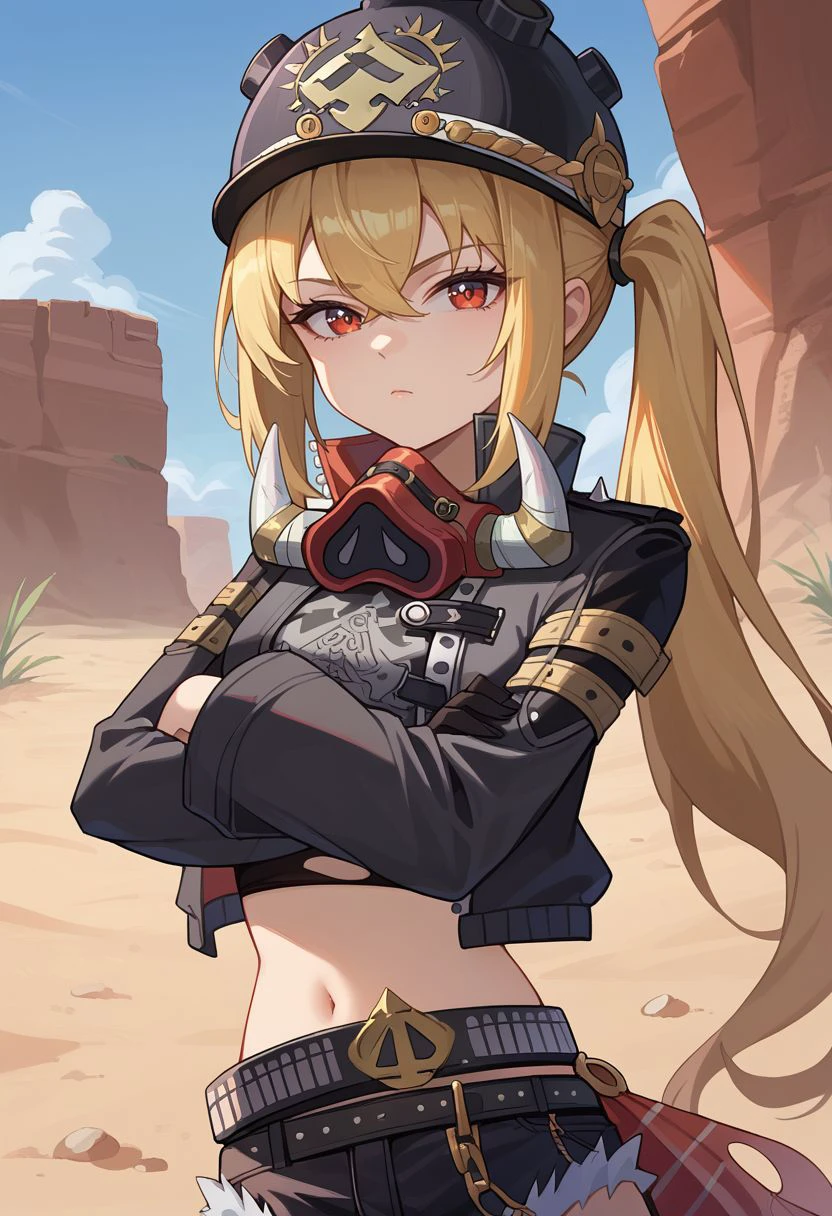 score_9, score_8_up, score_7_up, source_anime, 1girl, lucydef, red eyes, blonde hair, long hair, side ponytail, helmet, black headwear, mask around neck, black jacket, open jacket, cropped jacket, crop top, torn clothes, midriff, navel, long sleeves, black gloves, belt, short shorts, black shorts, denim shorts, fur trim, chain, standing, serious, crossed arms, closed mouth, looking at viewer, outdoors, desert, portrait, close-up, upper body, facing viewer, <lora:Lucy_v1-000010:1>