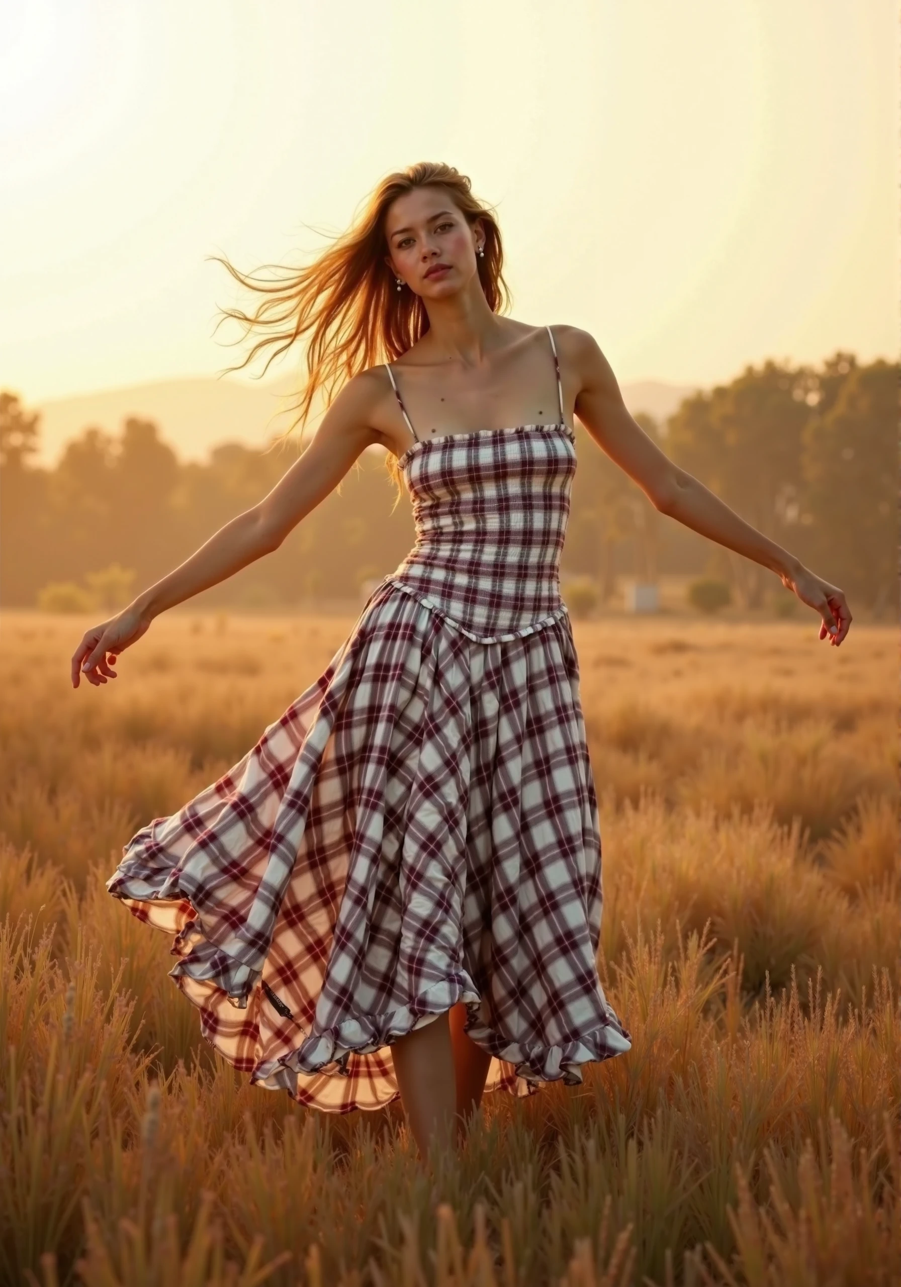 A graceful fashion image of a model posing freely in a windswept field, wearing a plaid Bershka dress with a ruched bodice and a voluminous, ruffled skirt. The dress’s plaid pattern contrasts beautifully with the natural landscape, as the model's arms move fluidly, evoking a sense of motion. The soft, golden light from the setting sun creates a warm and ethereal atmosphere. Fashion editorial, wide-angle lens, f/2.2, natural tones, hd quality