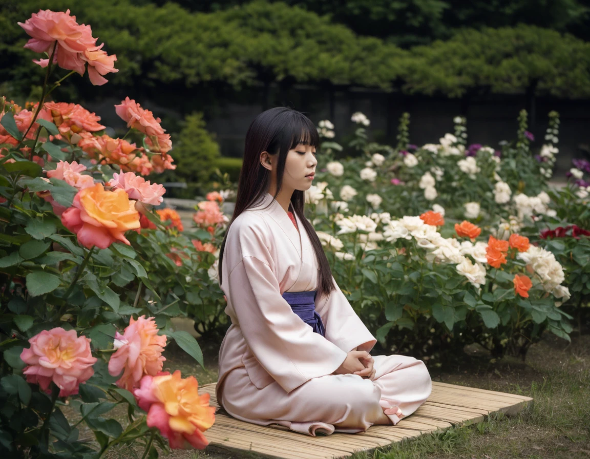 Hight detail RAW color photo, professional photograph, (Strong saturation:2.0), side view,
beautiful japanese woman, 20 yo, Straight long hair with bangs,
She is wearing a robe and sitting cross-legged with her Half-closed eyes meditating, 
Colorful flowers blooming in the garden, <lora:roseyard:1>,