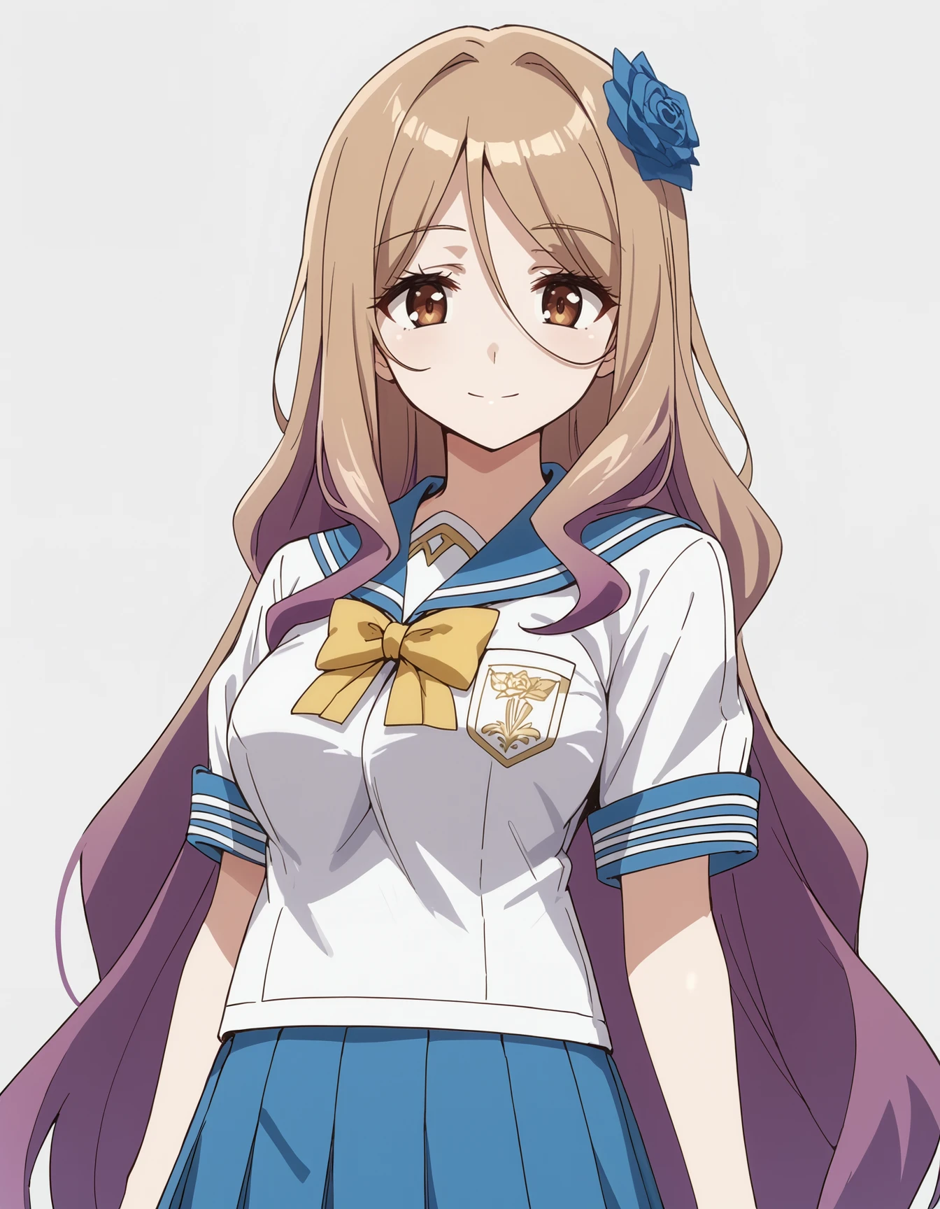 (score_9, score_8_up,score_7_up,source_anime,anime),solo,1girl,<lora:Quele:0.9> Quele,long hair,light brown hair,brown eyes,purple hair,gradient hair,hair ornament,blue rose,large breasts,
,light smile
BREAK
school uniform,serafuku,skirt,pleated skirt, 
,cowboy shot,Standing,simple background
BREAK 
looking at viewer