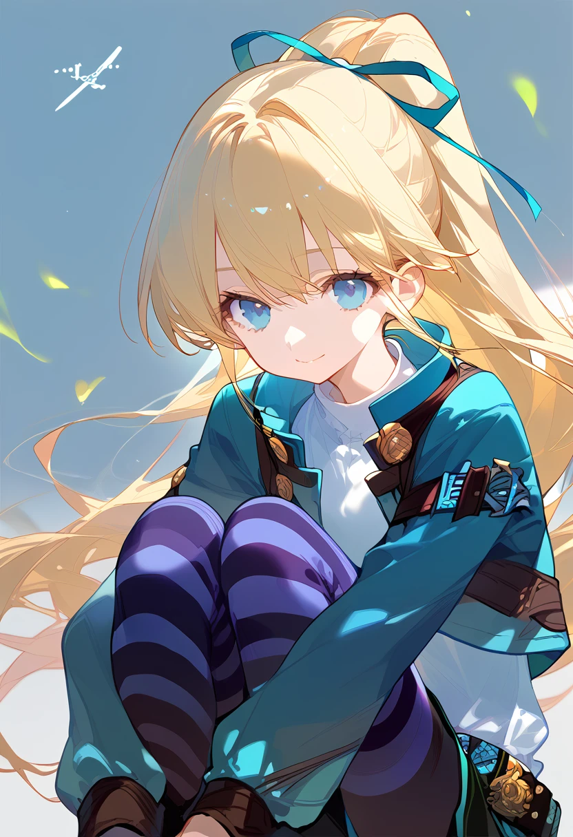 score_9, score_8_up, score_7_up, source anime, noa, 1girl, solo, blonde hair, blue eyes, long hair, smile, belt, hair ribbon, cropped jacket, white shirt, ponytail, skirt, striped thighhighs, hands on own knees, sitting, white background, <lora:noa_rance-xl-pony-v2:0.8>,