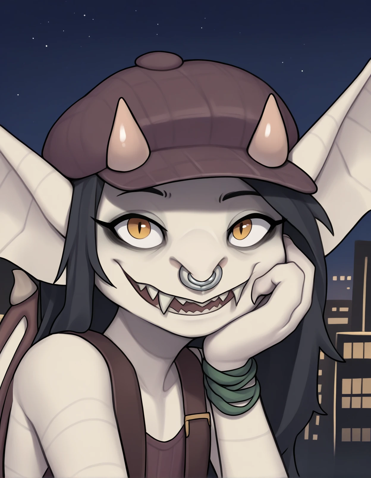 score_9, score_8_up, score_7_up, score_6_up, score_5_up, score_4_up, source_furry, source_safe, onsho, ivy \(deadlock\), deadlock, valve, gargoyle, 4 fingers, anthro, big ears, black hair, clothed, facial piercing, fangs, female, fingers, hair, hat, headgear, headwear, horn, long ears, looking at viewer, nose piercing, nose ring, piercing, ring piercing, septum piercing, septum ring, sharp teeth, smile, solo, teeth, wings, detailed background, outside, city, night, dark background, detailed background, new york, tan body, (headshot portrait, portrait, close-up, face closeup:1.3), suspenders
<lora:ivy-deadlock-v2_pdxl:1>