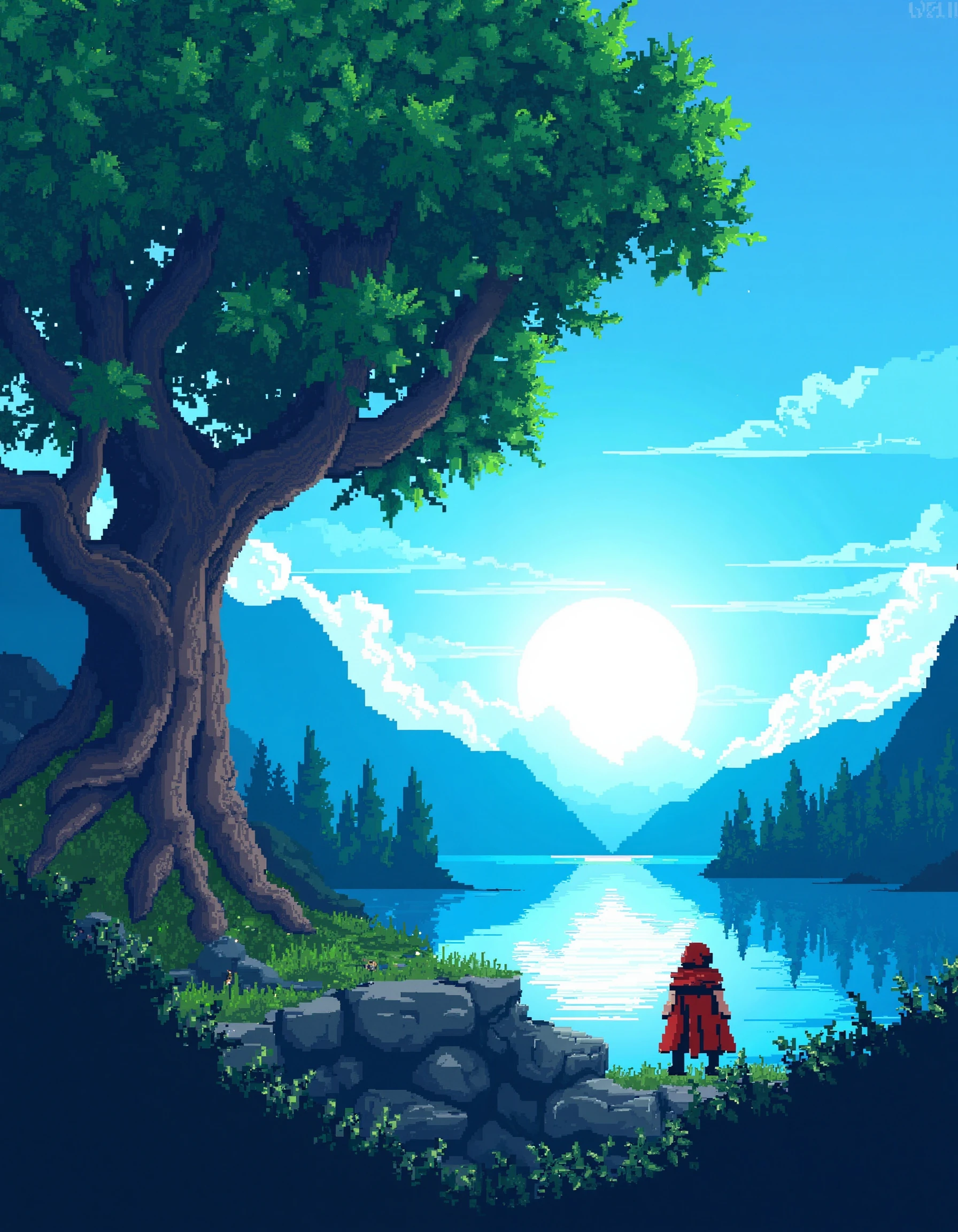 (blue theme, summer, dappled sunlight, 1other, looking away, cloak:1.2), sun, tree, forest, scenery, rock, reflection, water, lake, island, ancient, overgrown, mountains, sunset, clouds, mountainous horizon, fantasy, medieval, (pixel art, pixelated:1.2), (masterpiece, exceptional, best aesthetic, best quality, masterpiece, extremely detailed:1.2), in the style of umempart