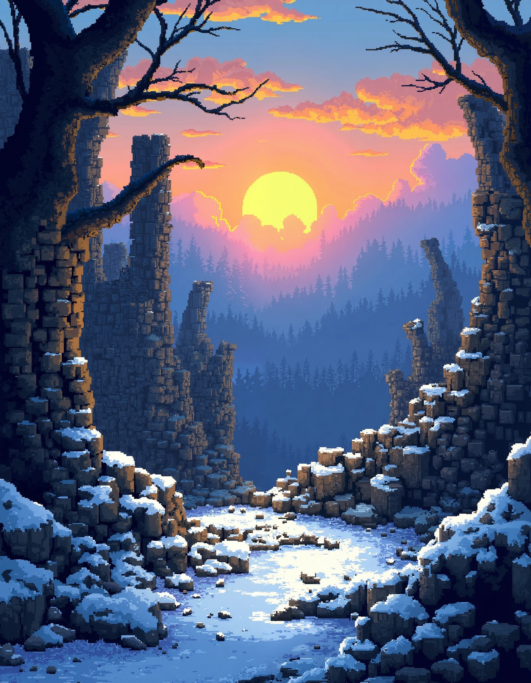 (ruins, broken, snow, dappled sunlight:1.2), sun, tree, forest, scenery, rock, reflection, ancient, overgrown, mountains, sunset, clouds, mountainous horizon, fantasy, medieval, 1other, looking away, (pixel art, pixelated:1.2), (masterpiece, exceptional, best aesthetic, best quality, masterpiece, extremely detailed:1.2), in the style of umempart