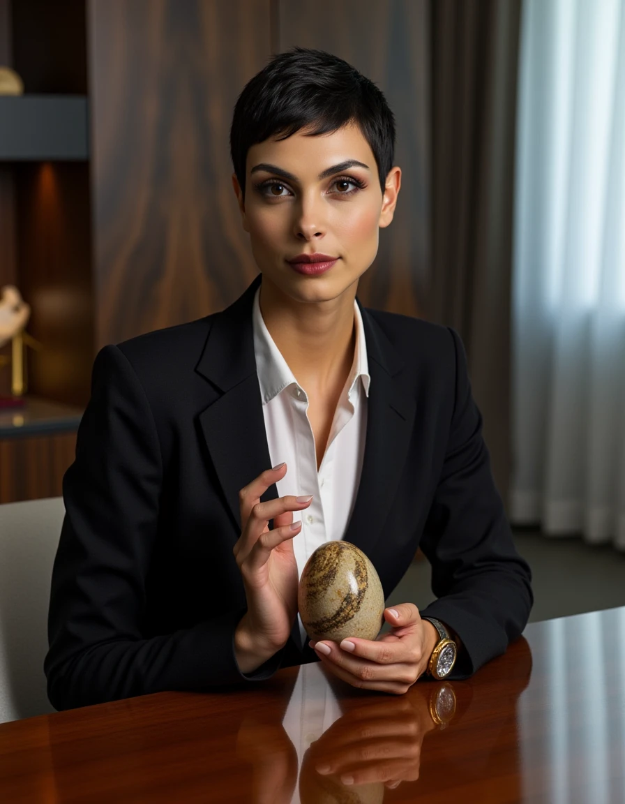 <lora:annav:1> annav, A striking woman with exotic, reptilian eyelids sits at a polished mahogany desk inside a modern office. She wears a tailored black business blazer over her white blouse as she cradles a rare dinosaur egg in her hand, studying its intricate markings. The sleek surroundings of the office contrast starkly with the prehistoric artifact she holds, hinting at her unique background and expertise