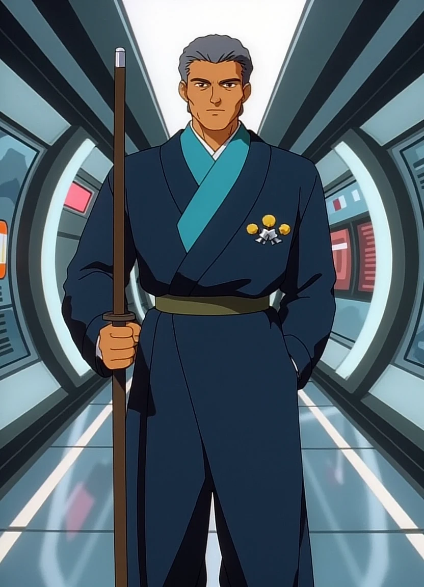 tenchi_style a man holding a katana, standing in a space station corridor