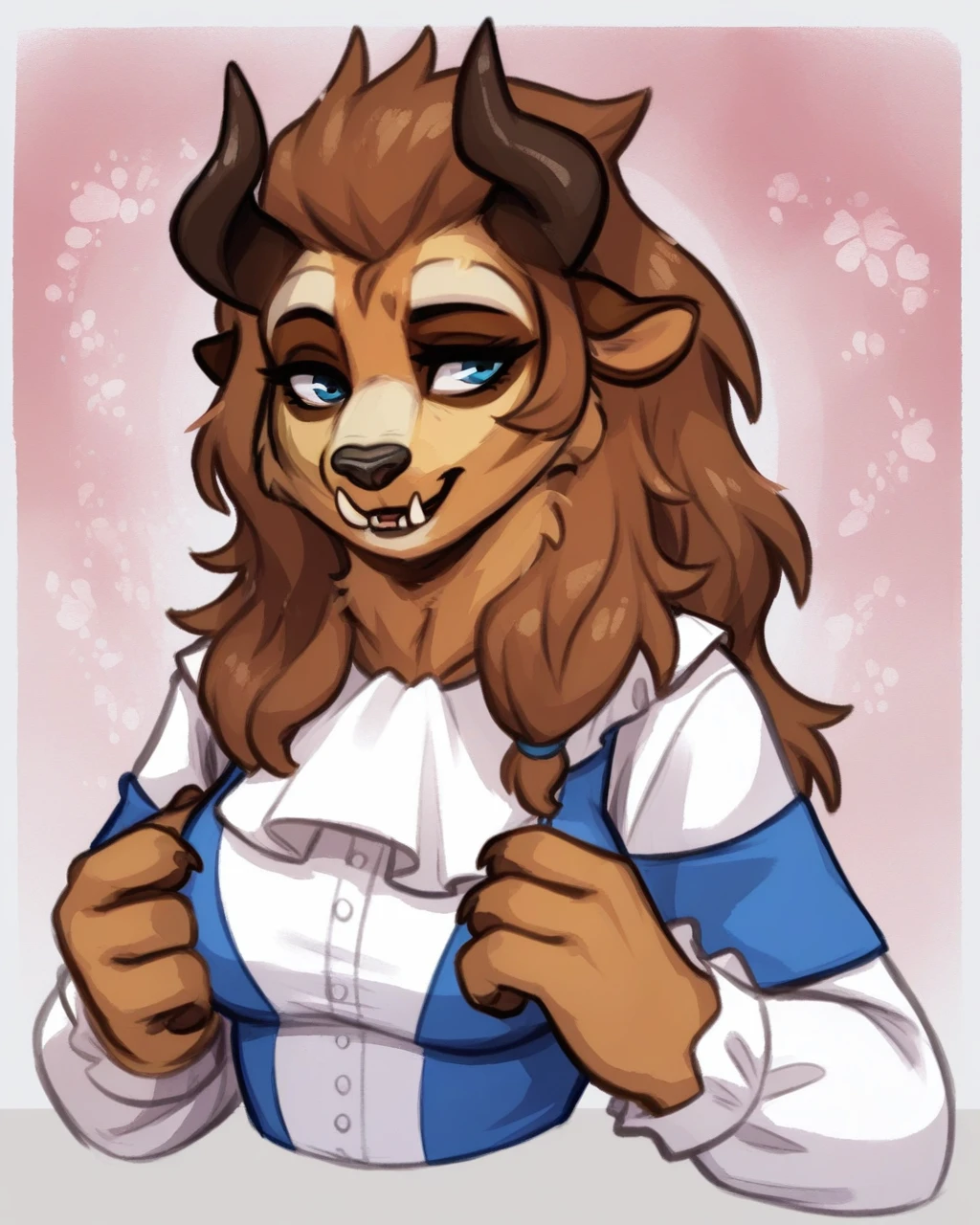 score_9, score_8_up, score_7_up, rating_explicit, source_furry, BREAK, female, (b3astb3ll3, anthro), hairy, (detailed fur, brown fur), (long beautiful hair), horns, modest, shy, (peasant clothes, blue sundress), white shirt, white long sleeves, flirty smile, narrowed eyes, beautiful eyes, mouth closed, fangs, BREAK, watercolor style, blotchy colors, upper body, transformation, mid-transformation, pattern background <lora:BeastBelle-000010:0.9>