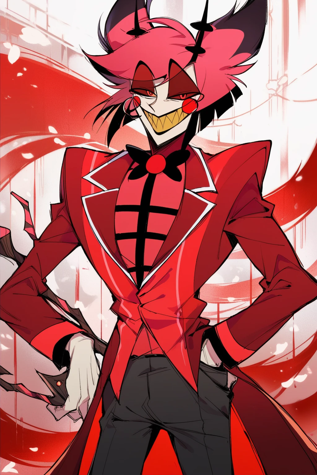 score_9, score_8_up, score_7_up, score_6_up, score_5_up, score_4_up, masterpiece, high quality, BREAK, full body, 1boy,  BREAK,  <lora:Alastor_HH:0.8> Alastor (hazbin Hotel), red hair, red eyes, red suit, sharp teeth, smiling, cane, staff, yellow teeth, horns, pale skin, slender, black pants,