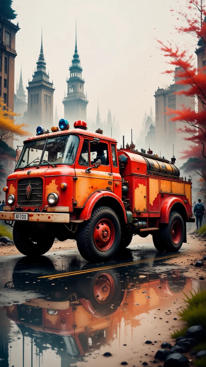 Colorfull, batik of a Bright Fire truck, Sharp and in focus, Aestheticism, soft light, Film grain, aidmainkstyle