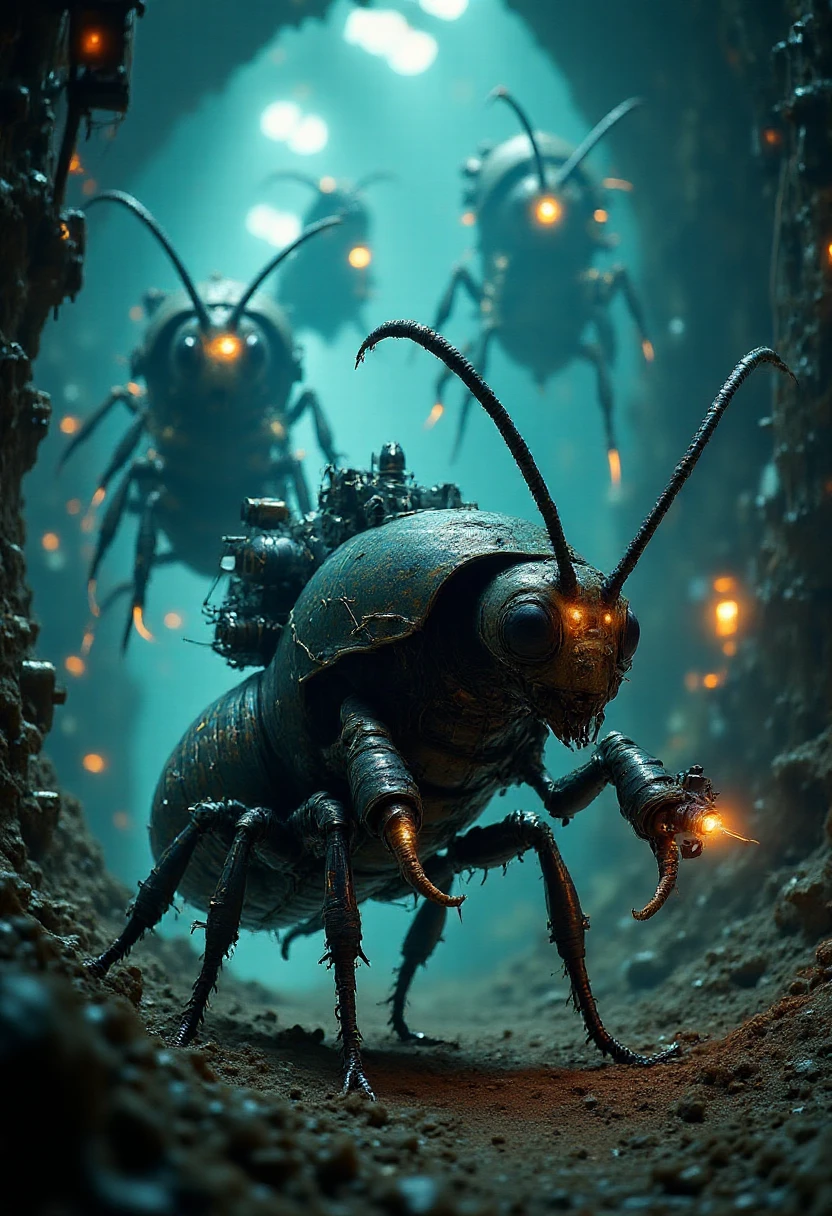 A termite engineer commando in an underground base, commanding a swarm of drones to build a massive war machine. The termite wears a specialized exosuit with mechanical arms extending from its back, manipulating construction materials. The environment is a vast, dimly lit tunnel system, with massive robotic structures being assembled. The design evokes the industrial, gritty aesthetic of dystopian sci-fi movies like Mad Max meets Starship Troopers.