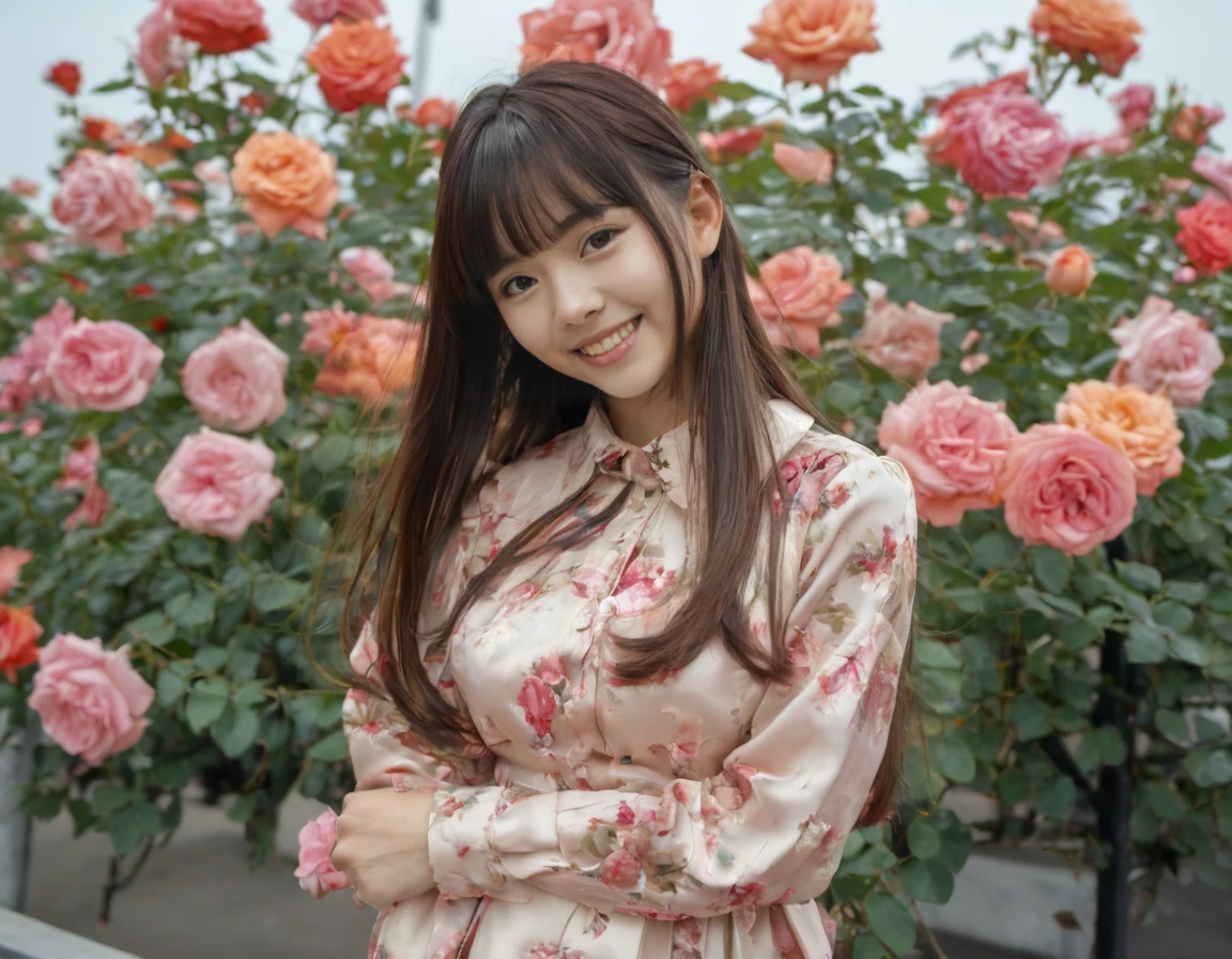 Hight detail RAW color photo, professional photograph, (Strong saturation:2.0),
beautiful japanese woman, 20 yo, (tilt one's head:1.4), Straight long hair with bangs, Big round eyes, smiling,
Long sleeve collared blouse and A Pleated loose skirt,
Colorful flowers blooming, An incredible amount of roses,<lora:roseyard:1>