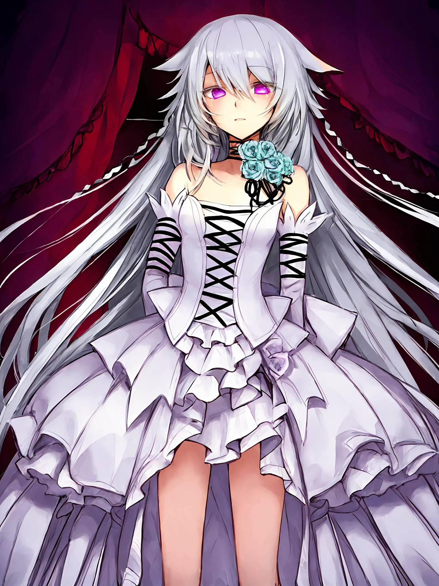 <lora:Will_of_the_Abyss:1>,  will_of_the_abyss, flower, detached sleeves, frills, braid, twin braids ,white dress, breasts, 1girl,  solo,  long hair, purple eyes, (exceptional, best aesthetic, best quality, masterpiece, extremely detailed),