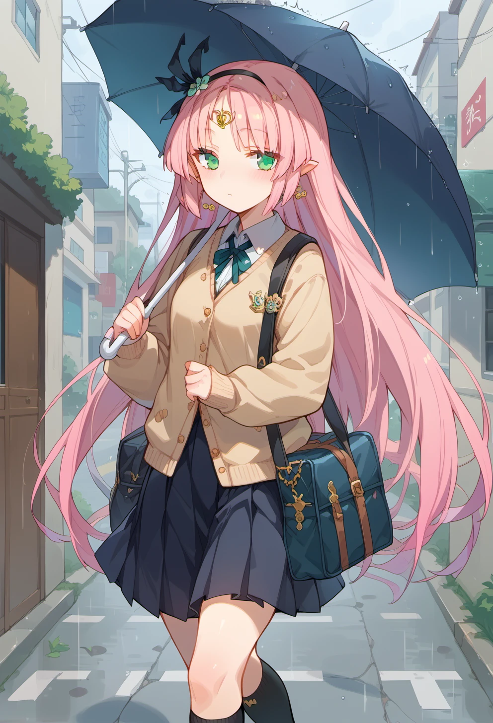 score_9, score_8_up, score_7_up, source anime, quelplan, 1girl, long hair, green eyes, pink hair, jewelry, earrings, hairband, very long hair, pointy ears, blush, circlet, forehead mark, hair ornament, school uniform, socks, loafers, holding umbrella, rain, walking, school, street, <lora:quelplan-xl-pony-v1:1>,