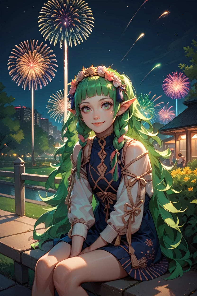 score_9, score_8_up, score_7_up, score_6_up
<lora:FESothis:1.0>
FESothis, 1girl, green hair, long hair, blunt bangs, pointy ears, looking at viewer, sitting, at night, fireworks, park, looking up, smile