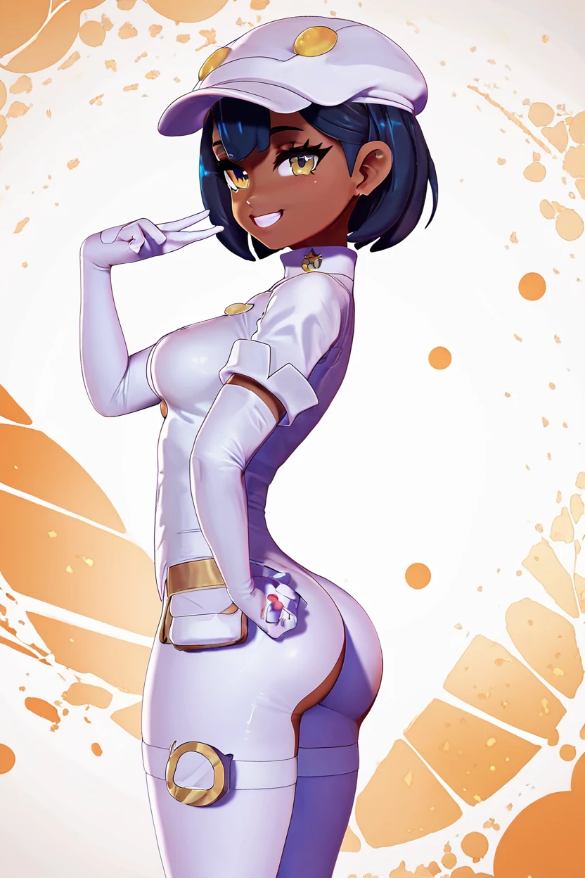 score_9, score_8_up, score_8, medium breasts, (curvy), cute, eyelashes, BREAK, , zzAether, dark skin, white cabbie hat, black hair, white uniform, white pantyhose, white gloves, <lora:Aether_Employee_Pokemon_PDXL_v1:0.8>, BREAK, smile, looking at viewer, cowboy shot, side view, ass, embedding:zPDXL, Expressiveh, <lora:Zy0n7_PDXL:1.0>, <lora:SDXLFaeTastic2400:0.5>, <lora:Expressive_H-000001:0.4>,