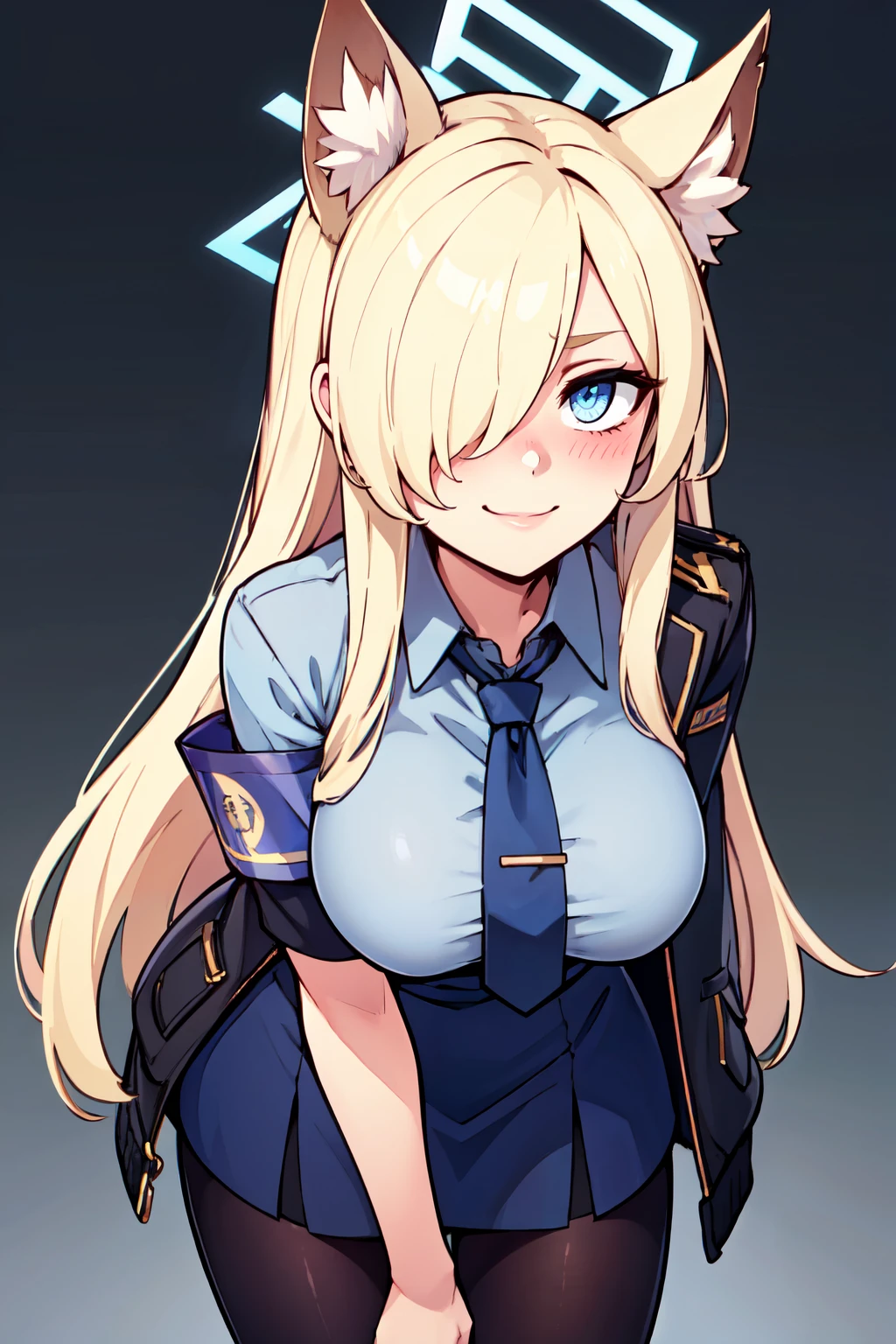 ((masterpiece,best quality)), absurdres,  BREAK, , <lora:Kanna_BlueArchive_Citron:0.8>, zzKanna, blonde hair, long hair, animal ears, blue halo, hair over one eye, blue eyes, breasts, large breasts, extra ears, dog ears black jacket, blue shirt, collared shirt, holding cup, blue necktie, black pantyhose, blue skirt, armband, looking at viewer, simple background , BREAK, leaning forward, head tilt, blush, upper body,, BREAK, solo, smile, looking at viewer, cowboy shot,