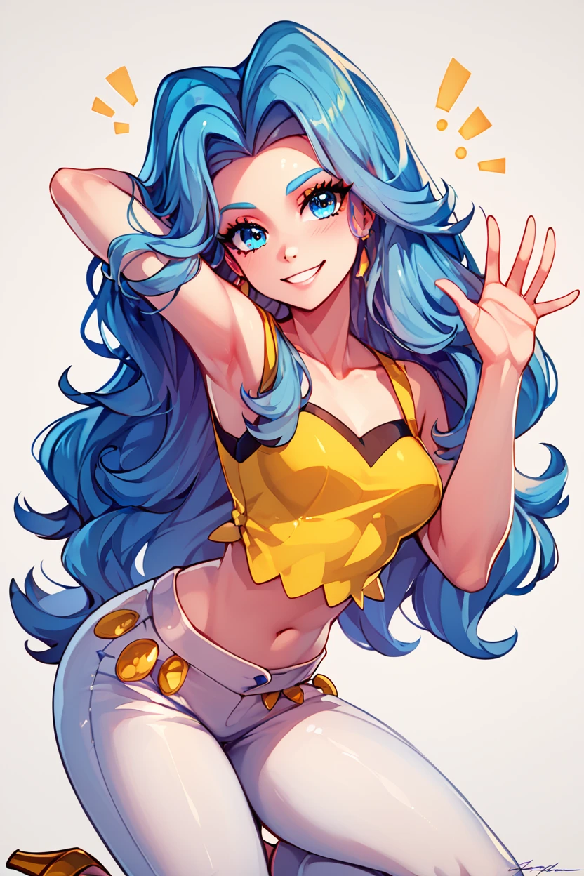 score_9, score_8_up, score_8, medium breasts, (curvy), cute, eyelashes,       BREAK, ,  zzKaren, blue eyes, blue hair, long hair, yellow crop top, white pants, high heels, <lora:Karen_Pokemon_PDXL_Citron:0.8>, , BREAK, looking at viewer,  smile, waving, upper body, leaning forward, head tilt,  embedding:zPDXL, Expressiveh, <lora:CatalystStylePDXL:0.6>,  <lora:SDXLFaeTastic2400:0.5>,  <lora:Expressive_H-000001:0.4>,