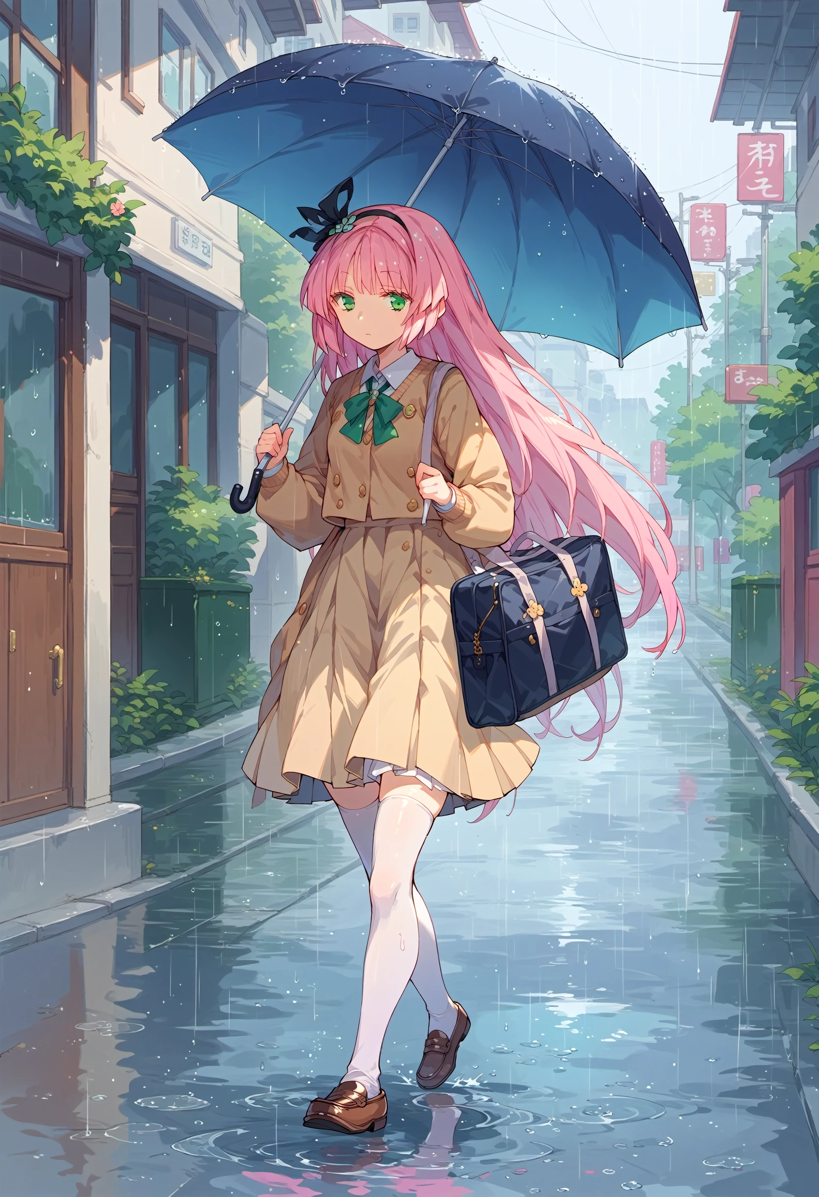 score_9, score_8_up, score_7_up, source anime, quelplan, 1girl, solo, long hair, green eyes, pink hair, hairband, hair ornament, white thighhighs, school uniform, loafers, holding umbrella, rain, walking, school, street, <lora:quelplan-xl-pony-v1:1>,