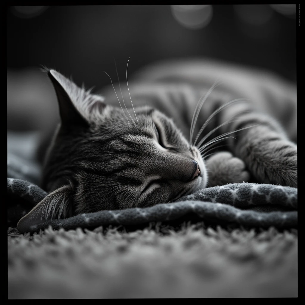 UHD, 4k, ultra detailed, cinematic, a photograph of  <lora:Bleach bypass v2c:1>
Silver themed color, In cinematic Bleach bypass Film style a cat is sleeping on a blanket on the floor, sharp edges, detailed image, kodak Bleach film style, saturation:0.5, reduced saturation, color:0.5, reduced color, Film grain:1, Film contrast:1, Bleach bypass Film style, monochrome, closed eyes, greyscale, lying, blurry, no humans, depth of field, blurry background, animal, border, cat, sleeping, realistic, black border, animal focus, whiskers, outdoors, epic, beautiful lighting, inpsiring