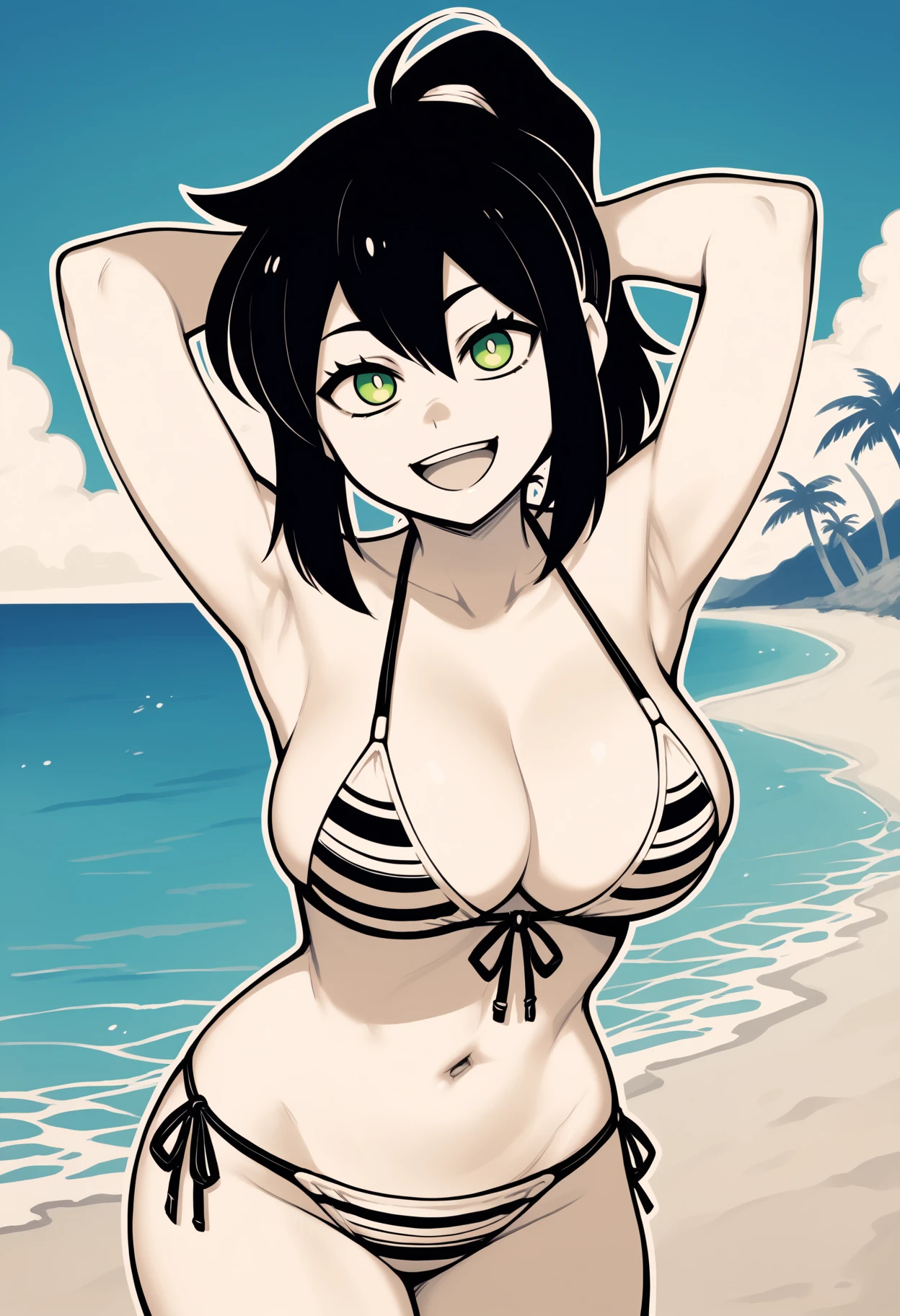 score_9, score_8_up, score_7_up, outline, monochrome, BREAK
1girl, reneegr, black hair, ponytail, sidelocks, green eyes,  jitome,
bikini, large breasts, hands behind head,
open mouth, smile, happy, solo, looking at viewer, sea, sand, blue sky, tropical island background    <lora:ReneeGravesXL_byKonan:1>