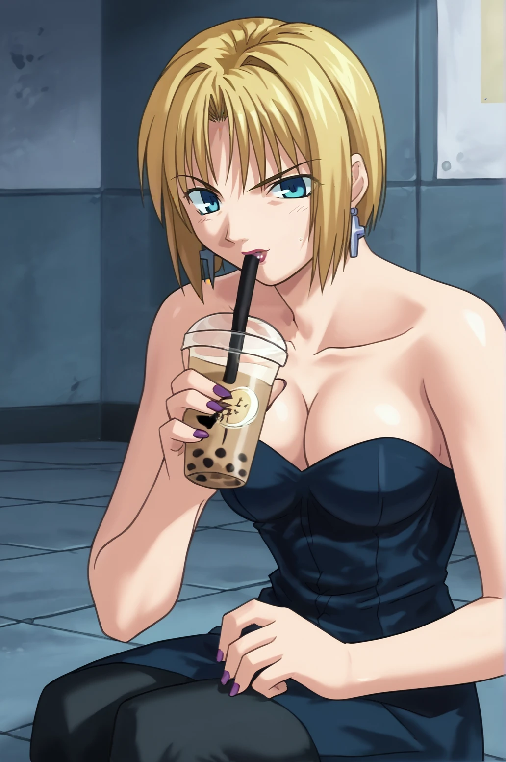 score_9, score_8_up, score_7_up,anime_source, source_anime, best background, detailed background, anime screencap, Reika, 1girl, bare shoulders, breasts, cleavage, collarbone, earrings, jewelry, lipstick, makeup, solo, strapless, white panty, black thighhighs, purple nails, drinking, bubble tea, wariza, <lora:JN_Takeuchi_Takashi:0.8> <lora:JN_Kitami_Reika:0.8>