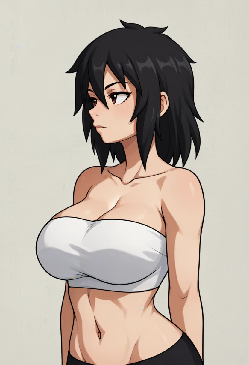 score_9, score_8_up, score_7_up, myCollege_helley, large breasts, standing, tube top, close up, black hair