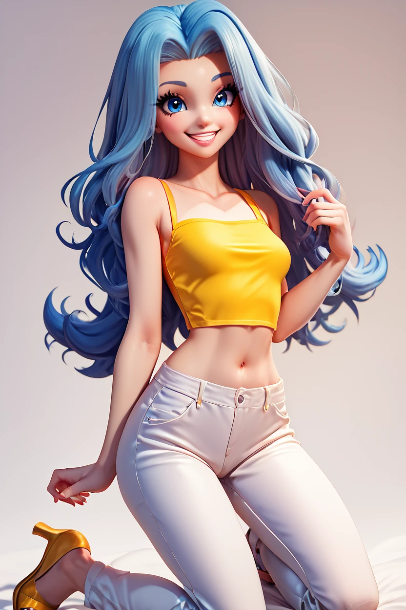 score_9, score_8_up, score_8, medium breasts, (curvy), cute, eyelashes,       BREAK, ,  zzKaren, blue eyes, blue hair, long hair, yellow crop top, white pants, high heels, <lora:Karen_Pokemon_PDXL_Citron:0.8>, , BREAK, smile, looking at viewer, cowboy shot, embedding:zPDXL, Expressiveh, <lora:BeautifulCAT_PDXL:1.0>,  <lora:SDXLFaeTastic2400:0.5>,  <lora:Expressive_H-000001:0.4>,