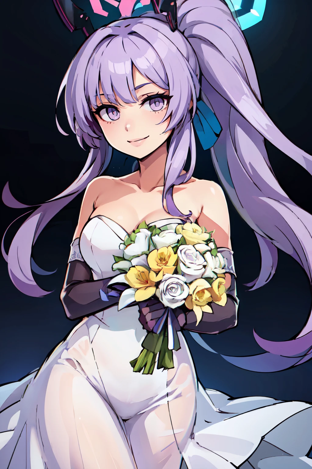 ((masterpiece,best quality)), absurdres, BREAK, , <lora:Utaha_BlueArchive_Citron:0.8>, zzUtaha, long hair, purple hair, halo, purple eyes, ponytail, headgear, , BREAK, bride, wedding dress, bridal veil, strapless dress, elbow gloves, holding bouquet,, BREAK, solo, smile, looking at viewer, cowboy shot,