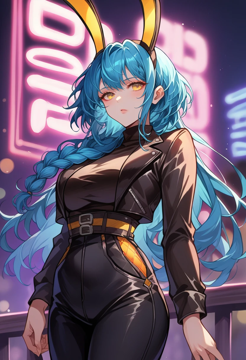 score_9, score_8_up, source_anime, 1girl, solo, BoiseFlwd, yellow eyes, blue hair, long hair, braid, fake animal ears, cowboy shot, nightclub, neon lights, bokeh, depth of field, makeup, leather jacket, turtleneck, high waist pants, <lora:ChamBoisePonyXL:1>