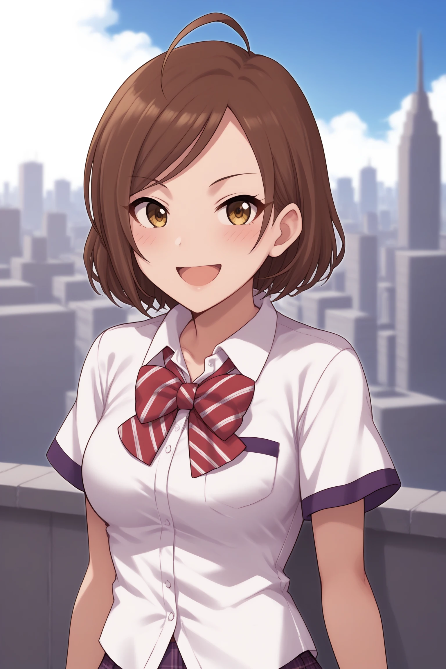 score_9, score_8_up, score_7_up, score_6_up, score_5_up, source_anime, rating_safe, medium breasts, outdoors, city, skyscraper, rooftop, 1girl, solo, looking at viewer, (upper body:1.2), im yujin, brown hair, short hair, ahoge, yellow eyes, long eyelashes, idolmaster cinderella girls, school uniform, short sleeves, purple sleeve ends, white shirt, collared shirt, breast pocket, red bowtie, untucked shirt, purple skirt, plaid skirt, pleated skirt, short skirt, <lora:Yujin_Im:0.8>, <lora:untucked_shirt-000006:1>