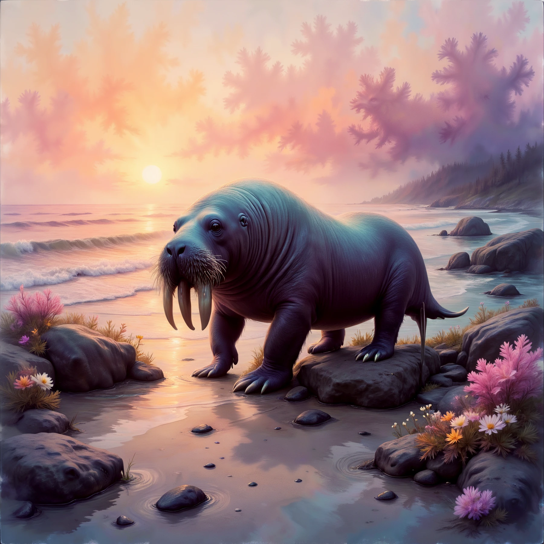 A pastel walrus creature, emerging from the ocean on four legs, crawling over rocks out of the water and onto the sandy beach. Surrounded by strange flowering flora. Glorious sunset.

Fantasy dreamlike art.

<lora:FantasyPastel01-02_CE_SDXL_64x32x120x2bOT:0.8>
FntsyPstlCE style