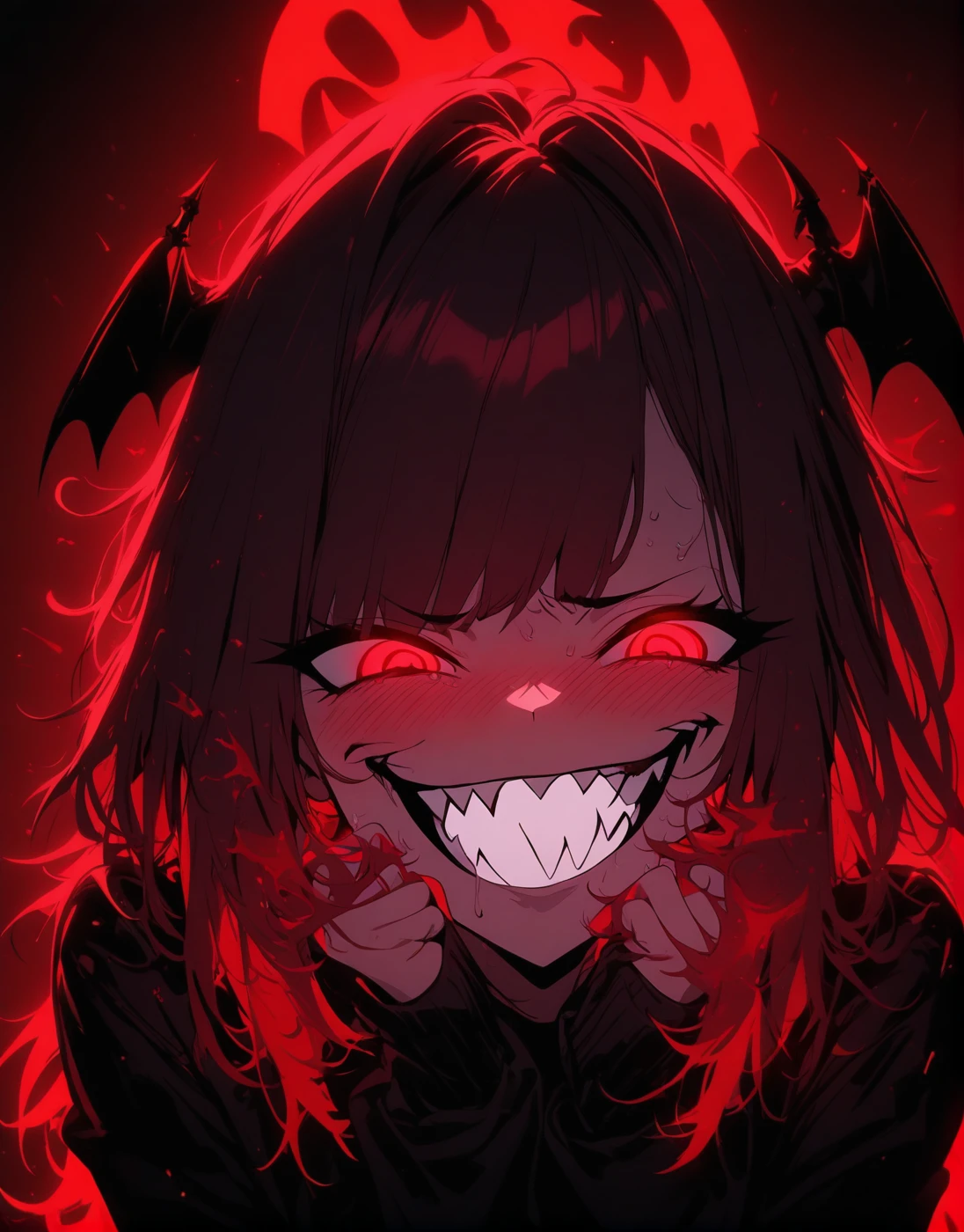 <lora:NEONIA:1> 
neonia ,1girl , (simple neon:1.3) , dark, devil , red neon , red neon power , red neon eyes  , devil smile , orgasm face