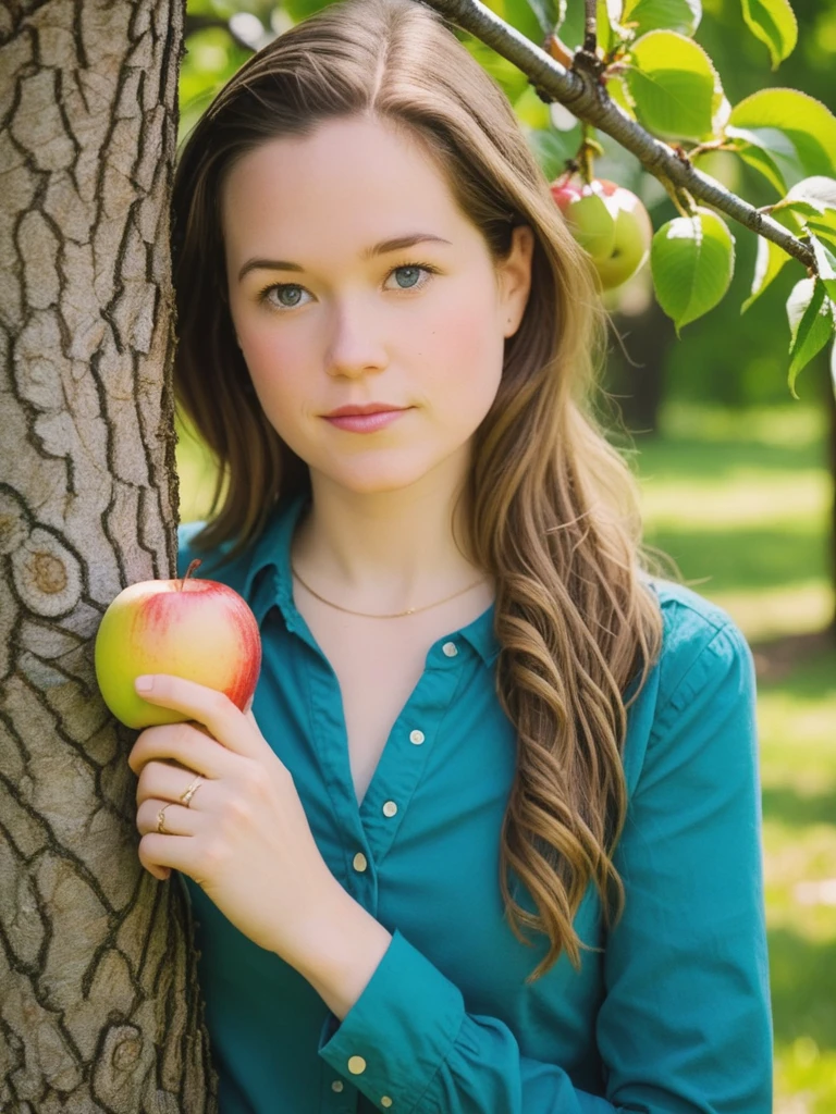 a professional absurdres sharp focus intricately detailed full torso photograph of Sarah_Catherine_Hook, face focus,
(leaning against a tree:1.5) picking apples
 <lora:Sarah_Catherine_Hook-SDXLe14:0.8>