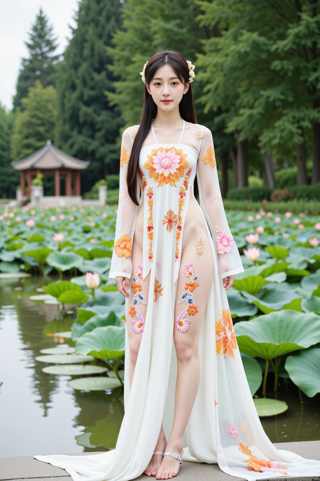 best quality, highly detailed,
This photograph captures a young woman in a stunning, traditional Chinese costume, hanfu, tang style, which is a form-fitting dress. The hanfu is predominantly white with intricate floral embroidery in shades of orange and pink, and it is semi-transparent, revealing the delicate floral patterns underneath. The outfit features long, sheer sleeves and a high neckline, with the dress flowing elegantly to the ground. She has long, straight black hair adorned with a floral hairpin and a matching headpiece. Her skin is fair and smooth, with a slight blush on her cheeks.
She is barefoot, standing on a stone pathway that leads into a serene, outdoor setting. Behind her, there is a large, lush pond filled with large, round water lilies in various stages of bloom, adding a tranquil and natural backdrop. The pond is surrounded by tall, green trees, creating a peaceful, park-like atmosphere. In the distance, there is a traditional Chinese pavilion with a red roof and wooden structure, partially obscured by the foliage.
The photograph is high-resolution, capturing fine details such as the texture of the fabric, the intricate embroidery, and the softness of her skin. The overall scene is rich in cultural and natural elements, creating a harmonious and elegant composition.
<lora:flux-lora-tang-kohya-000012 tag hanfu+tang style:0.5> hanfu, tang style