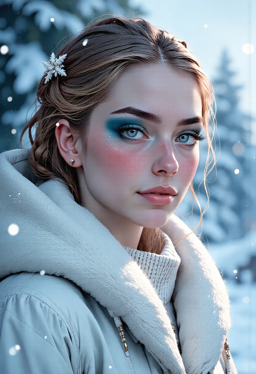 minimalistic portrait of a young Scandinavian woman white glacial blue smoked eye shadow, abstract white biomorphic pattern, winter landscape with glacial flowers, large snowflakes falling from the sky, vivid color, soft contrast, misty aether houte - couture rococo glacial clothing, atmospheric rim lighting, an intricate, elegant, highly detailed digital painting, (style of simon stalenhag, wayne barlowe, igor kieryluk. Lacombe, Patrice Murciano Frostpunk) perfection style, <lora:flux/flux_realism_lora>, <lora:flux/Herbst_Photo_35mm v2>, herbstphoto, <lora:flux/FluxMythP0rtr4itStyle>, mythp0rt,