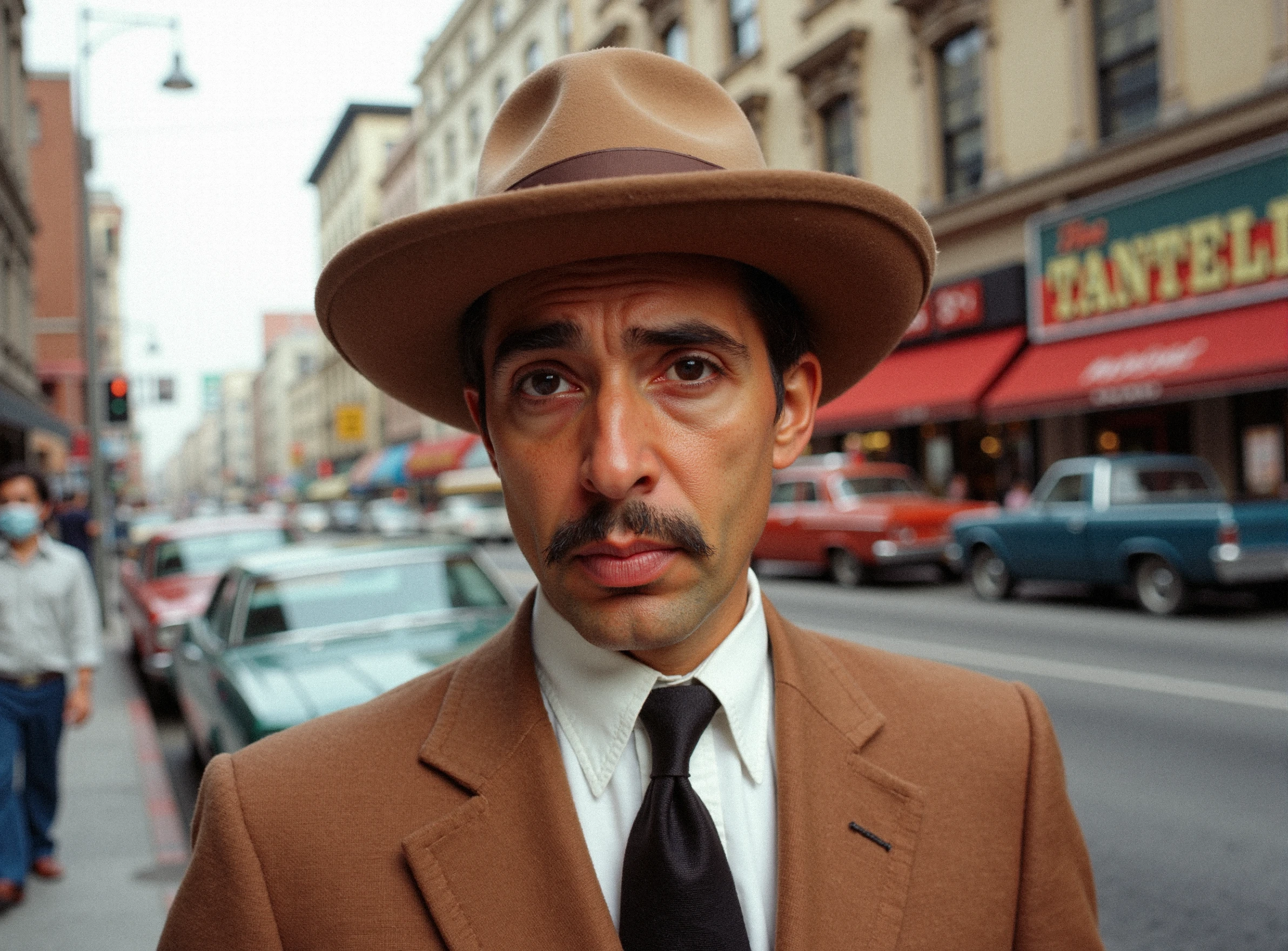 3ighti3s, closeup on a handsome latino man's face in focus, he's wearing a brown suit and a matching hat, fashion, facing the camera, shot on Kodachrome film, using a 35mm sharp lens, in the background view there is a city street view street photgraphy. rule of thirds, professionally shot photography.