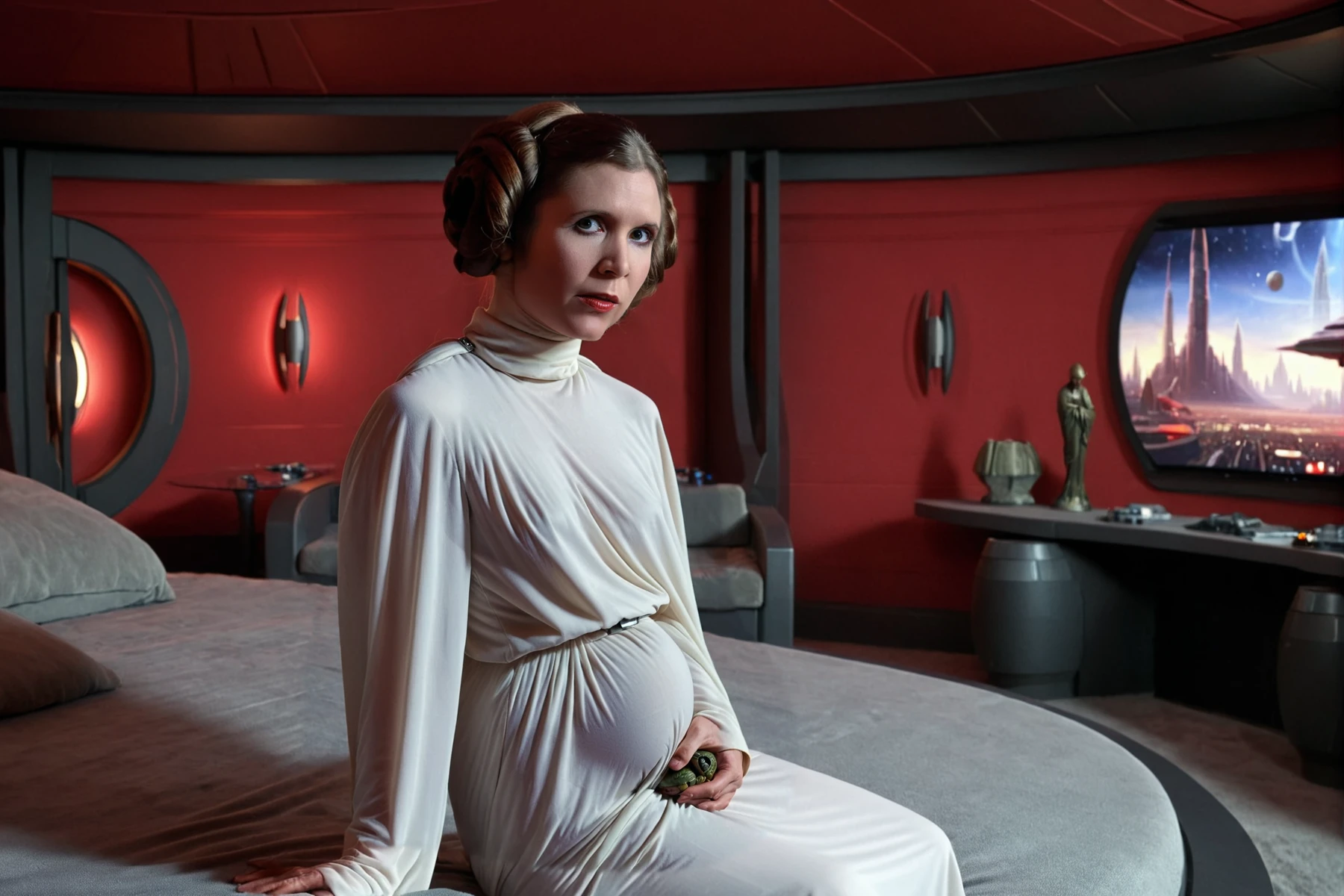 (close-up shot1.5) of beautiful <lora:Princess_Leia_Organa:1.2> Princess Leia Organa wearing a long white dress with turtle-neck collar and double bun hairstyle, ((sitting on a bed slightly pregnant with her hands on her belly)), talking, background of Coruscant office Interior with bed and red walls, red carpet, grey furniture, science fiction, 8k resolution, sharp focus, infused with a graphic novel aesthetic, cinematic, detailed, motion picture style, realistic, sci fi style, cinematic light, perfect color, perfect scene, shallow depth of field, vignette, highly detailed, high budget, bokeh, cinemascope, moody, epic, masterpiece, <lora:Rembrandt Lighting style v2:0.6> Rembrandt Lighting style, in the dark Low-key lighting Style <lora:Low-key lighting Style:0.6>  <lora:Coruscant:0.2> Coruscant <lora:Coruscant_Office_Interior:0.8>