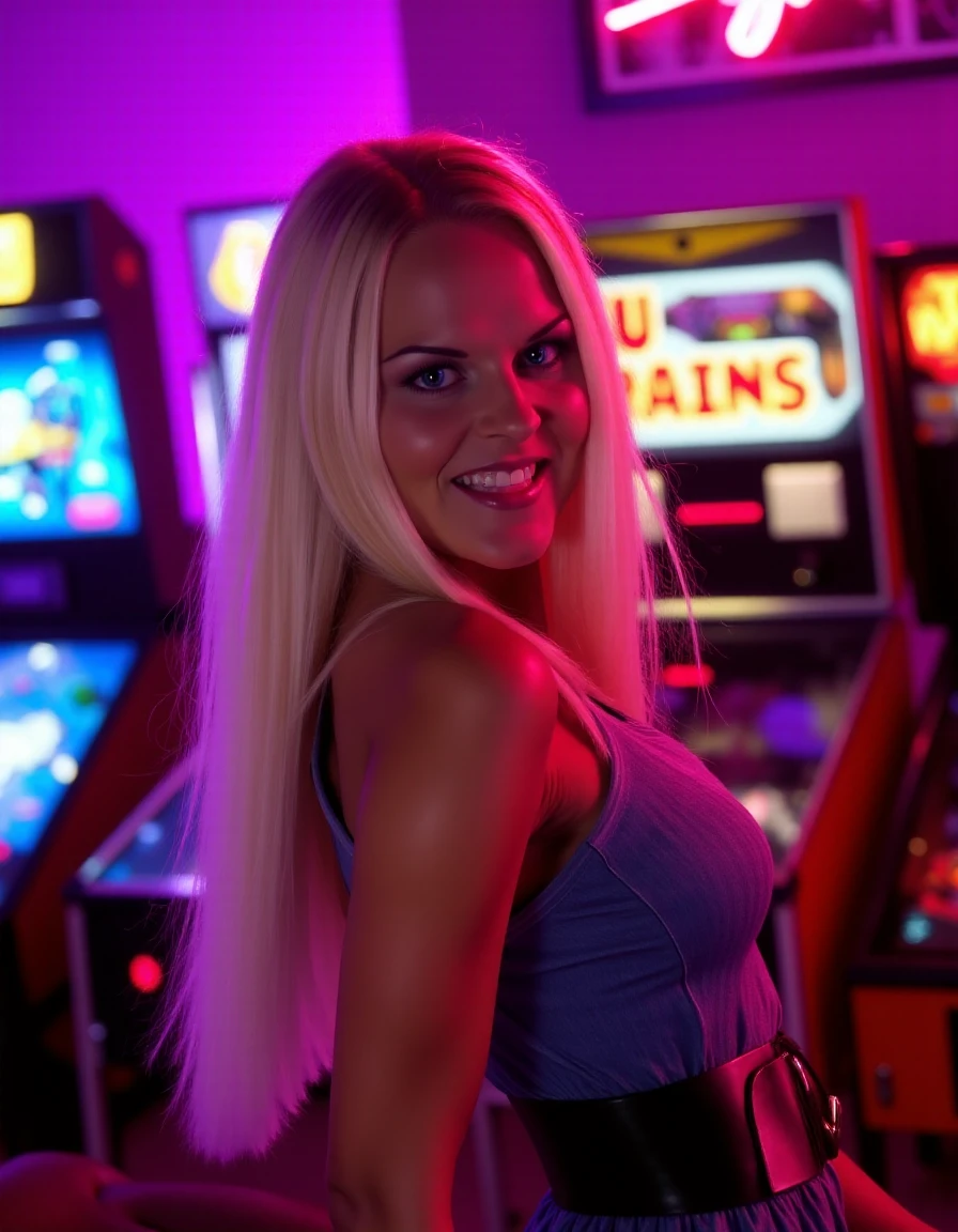 naked woman, long light blonde hair, A woman stands out in the dim light of a room lit by neon lights. Your gaze is intense and seductive, eyes shining with a deep mystery. She is standing in front of a large window, through which the cloudy night is visible, with the heavy, dark clouds obscuring the sky. Neon lights cast a colorful glow around you, creating soft shadows and enhancing your facial features. The environment around you is immersive and enigmatic, with an atmosphere that mixes modern and dark. She exudes confidence and mystery, every detail of the scene accentuating its magnetic presence.