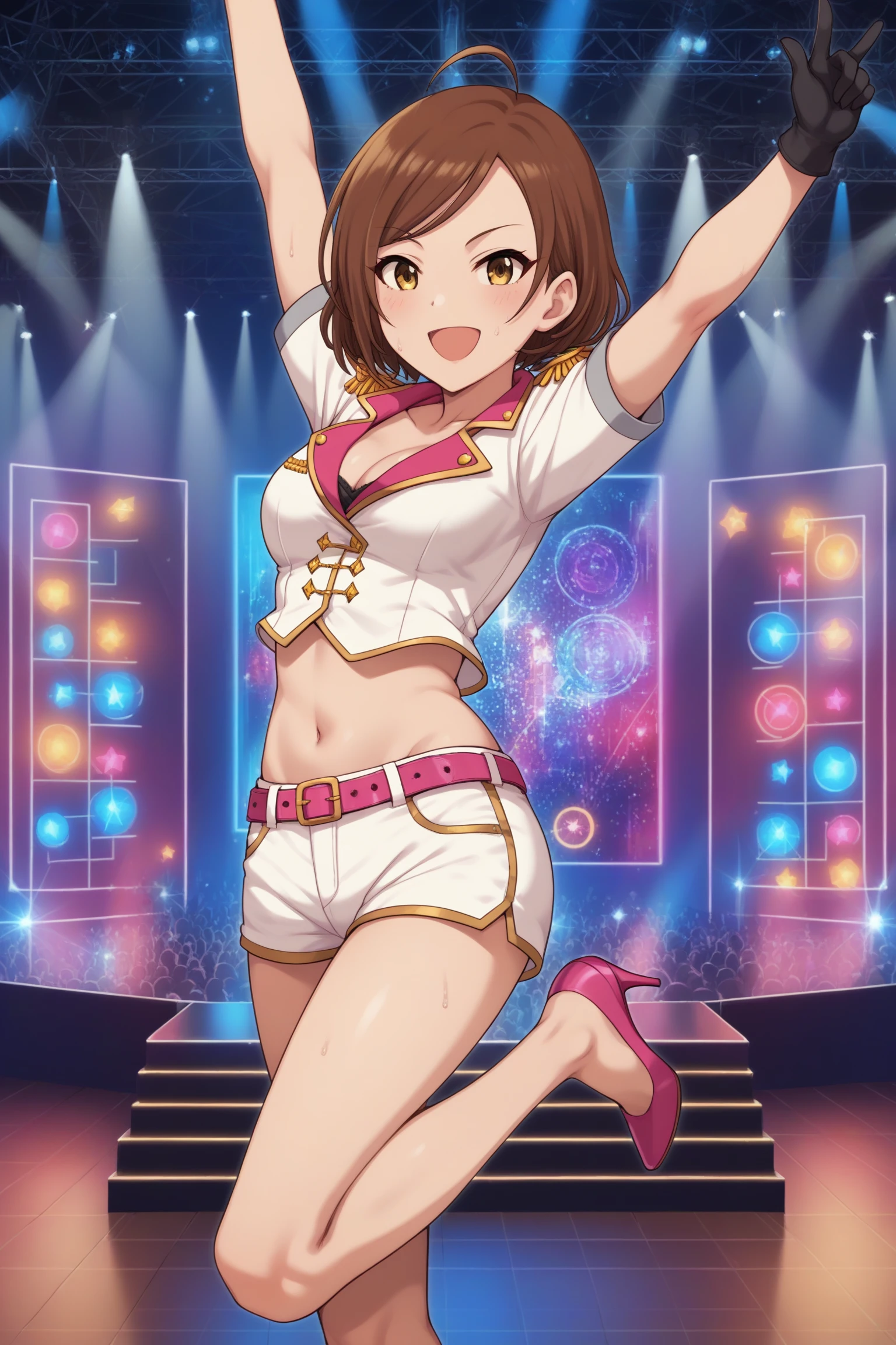 score_9, score_8_up, score_7_up, score_6_up, score_5_up, source_anime, rating_safe, medium breasts, indoors, concert, on stage, hall, 1girl, solo, im yujin, brown hair, short hair, ahoge, yellow eyes, long eyelashes, idolmaster cinderella girls, short sleeves, grey sleeve ends, white midriff, pink two-way collar, gold epaulettes, cleavage, collarbone, navel, shorts, short shorts, white shorts, pink belt, black gloves, pink footwear, high heels, <lora:Yujin_Im:0.8>, dancing, sweat, (dynamic pose:1.2)