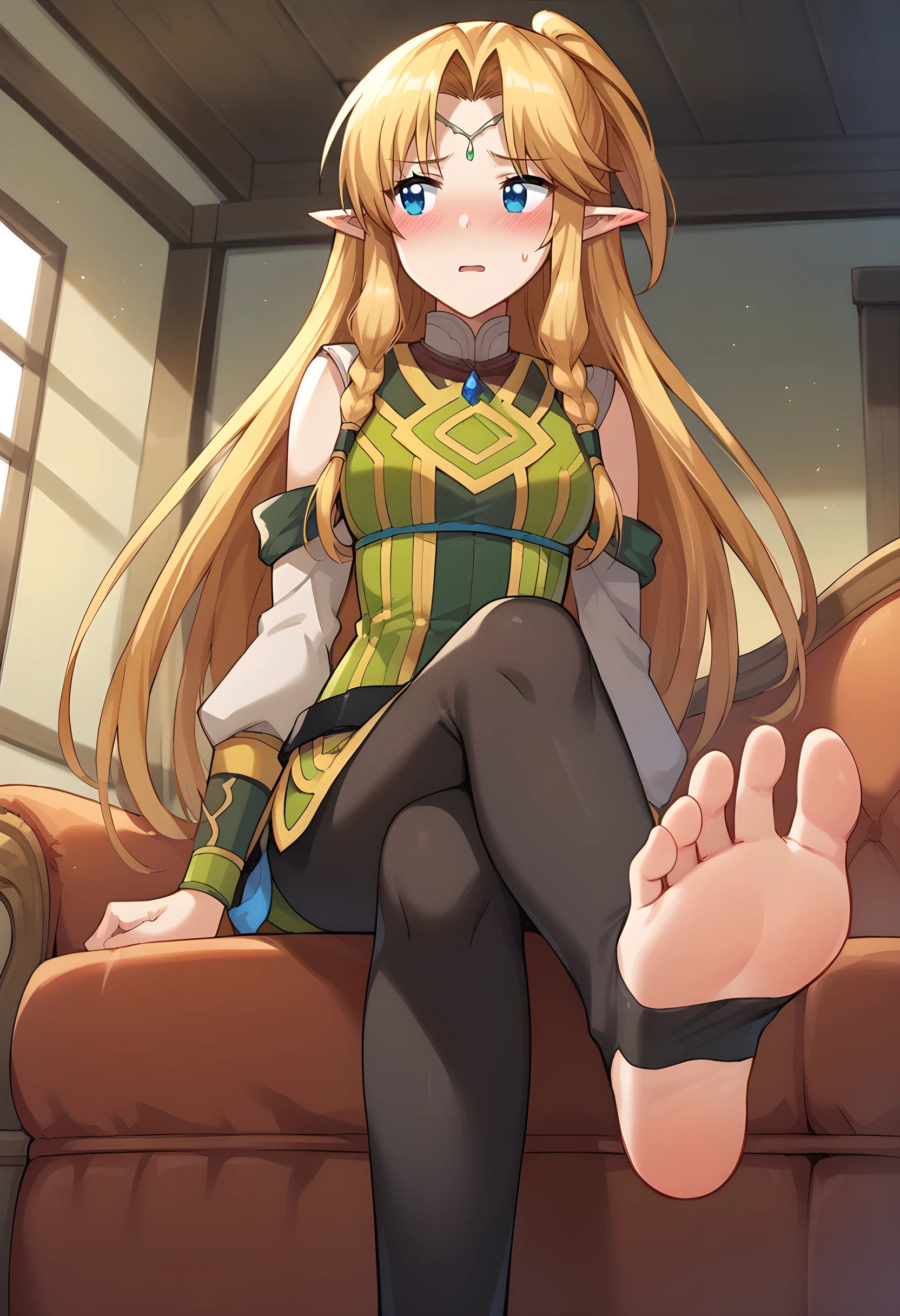 score_9, score_8_up, score_7_up,  source_anime, indoors, couch, <lora:Muller:1> Mull3r, 1girl, solo, very long hair, twin side braids, sidelocks, short ponytail, half updo, parted bangs, blonde hair, blue eyes, pointy ears, small breasts, circlet, 
blush, looking to the side, embarrassed, parted lips, looking away, facing away,
short dress, green dress, bare shoulders, detached sleeves, puffy sleeves, belt, black legwear, stirrup legwear, 
sitting,  crossed legs, soles, feet,
((from below)), foot focus,  <lora:Detail Slider:1.3>