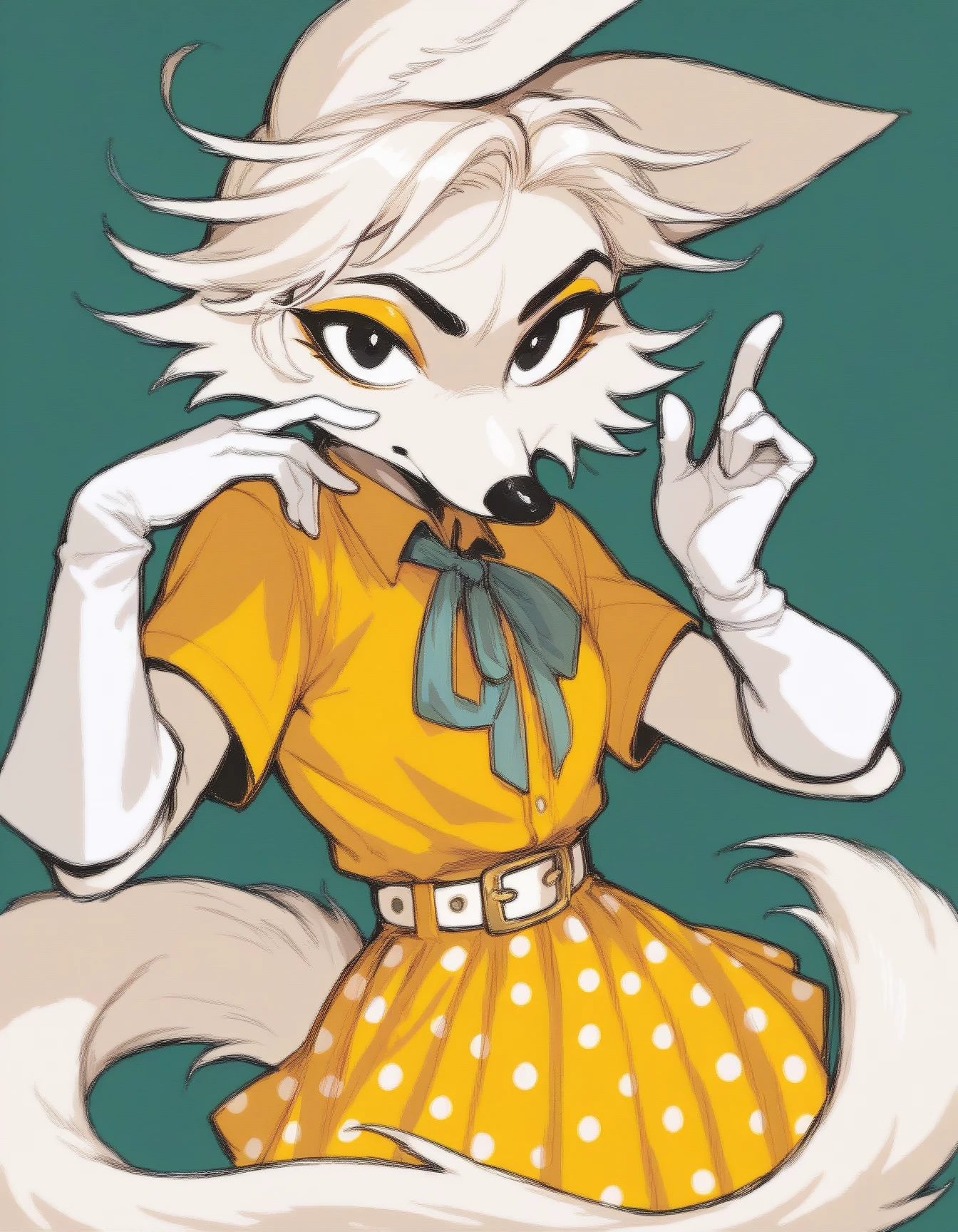 score_9, score_8_up, score_7_up, score_6_up, score_5_up, score_4_up
Amelie, white fur, black eyes, white gloves, black nose, yellow shirt, yellow polka dot skirt, white waist belt, tail, black bezel in hair, looking at viewer, slick back
 <lora:Amelie_XL:0.9>