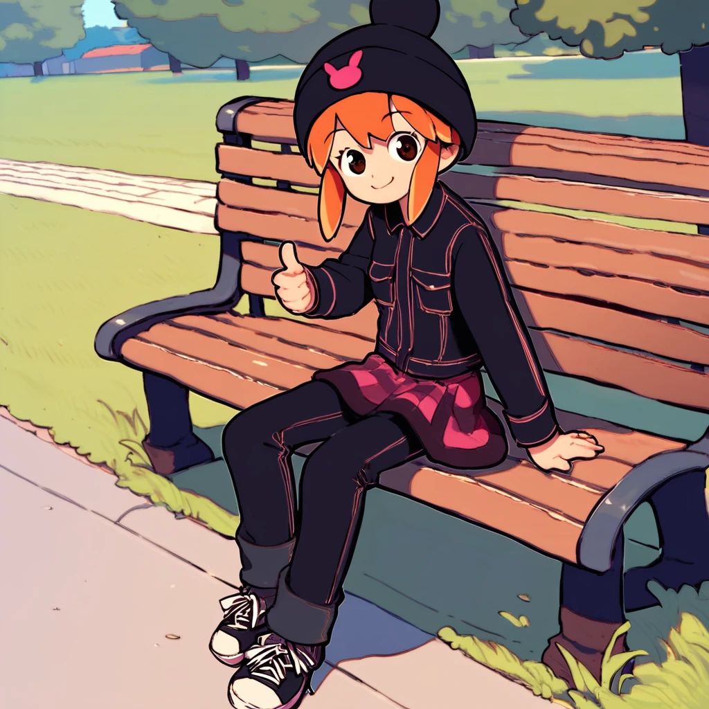 score_8, score_8_up, score_7_up, source_anime, 1girl, female focus, solo, usagi_kurokawa, beanie, black headwear, hat ornament, orange hair, bangs, short hair, sidelocks, denim jacket, black jacket, collared jacket, breast pocket, long sleeves, skirt, plaid skirt, pants under skirt, black pants, jeans, sneakers, black footwear, full body, looking at viewer, outdoors, park, grass, bench, sitting, thumbs up, smile,