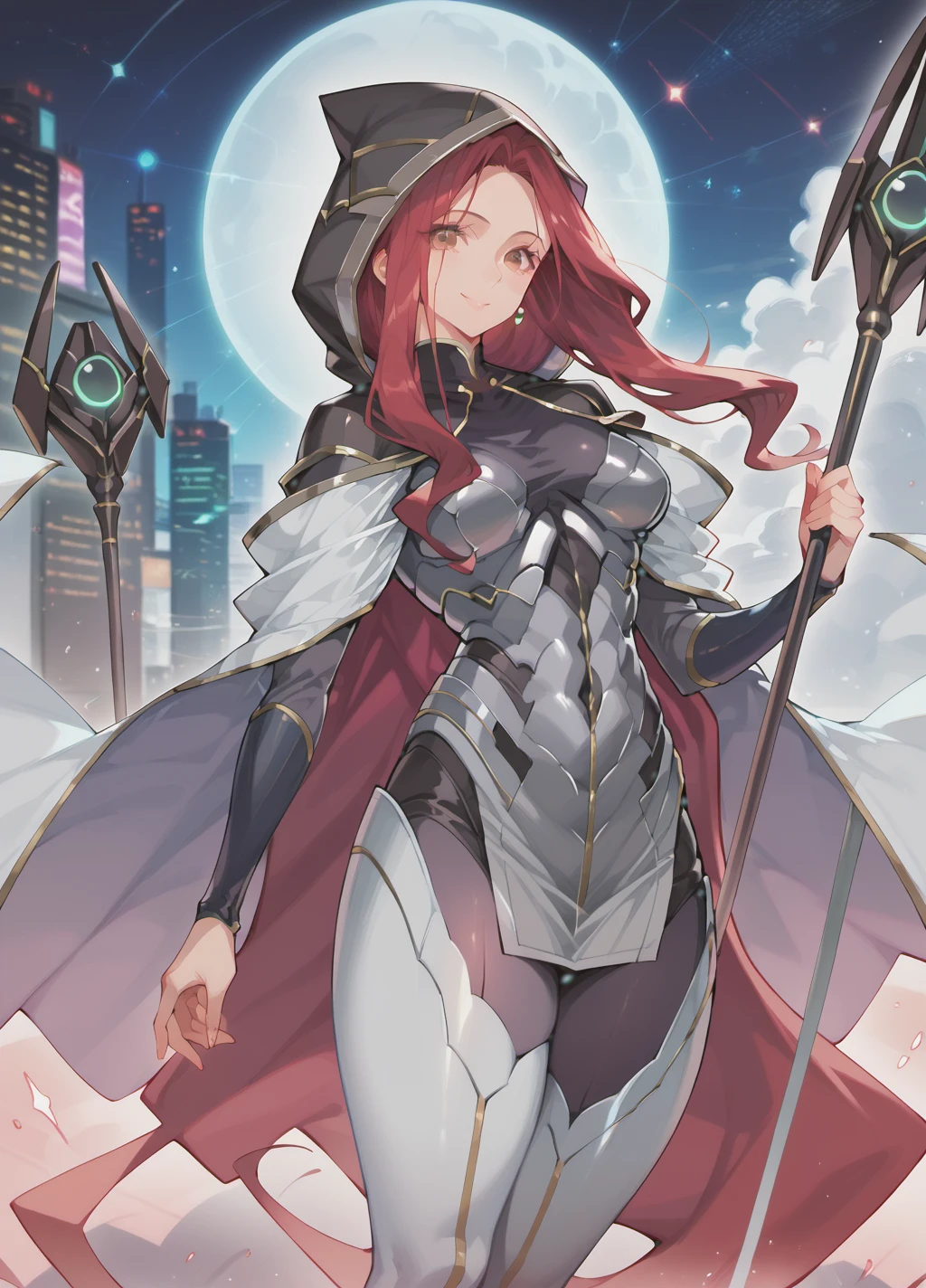 score_9_up, score_8_up, score_7_up, high quality, 1girl, matuer female,Mature lady, mature ladyï¼solo, face,long hair,red hair,red eyes, silver armor,silver cape,red cape,thighhighs, , black hood,smile looking at viewer ï¼Staff, holding <lora:add-detail-xl:1> <lora:cyberse witch:1.1>cyberpunk city