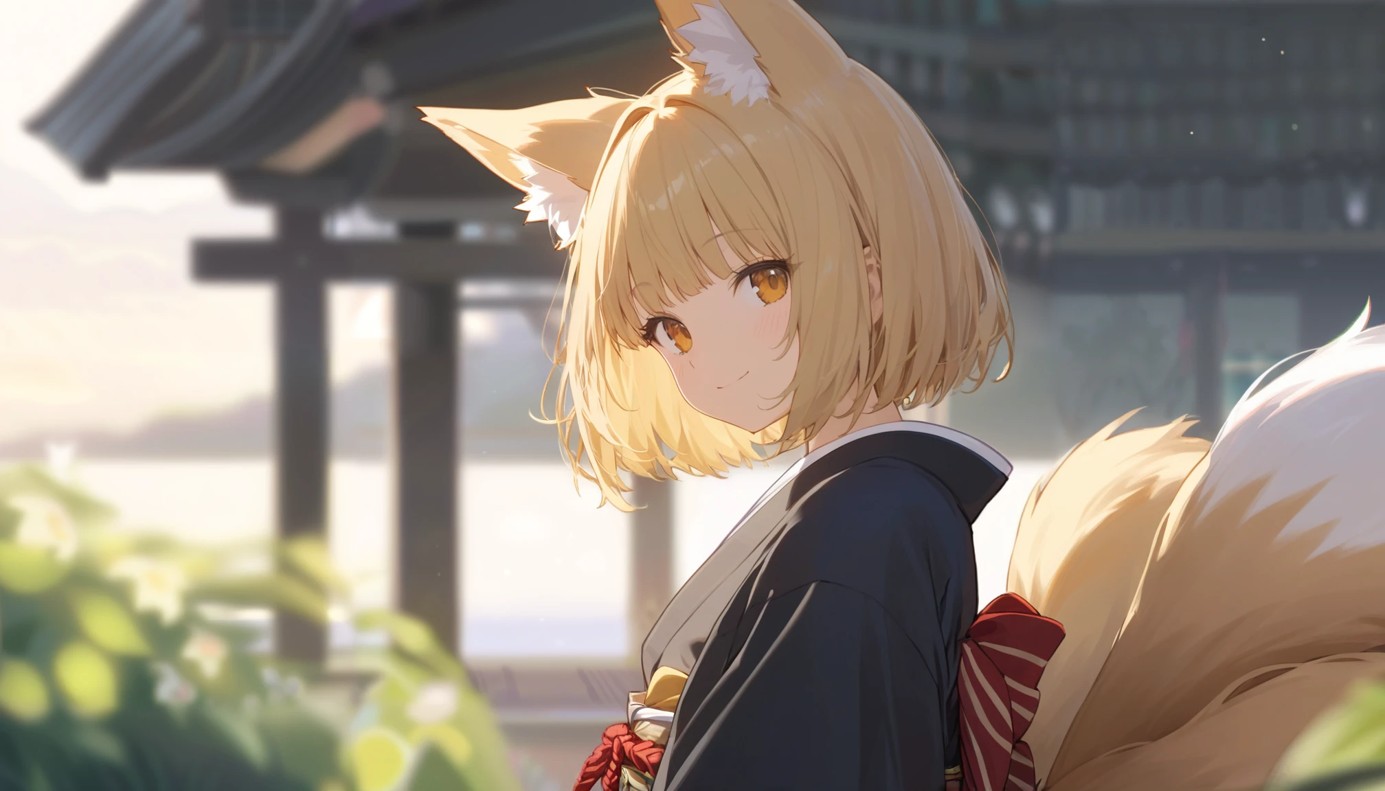 best quality, ultra-detailed:1.2),
(extremely detailed and beautiful:1.1), (absurdres:0.5),

blurry_foreground, blurry_background,
outdoors,

blonde_hair,
__hair-bangs__, __hair-style-simple__,

solo, girl,

fox_ears, fox_tail, multiple_tails,

japanese_clothes,
looking_at_viewer,
brown_eyes,
light_smile,

{straight-on|from_above|from_below|from_behind, looking_back|from_side},