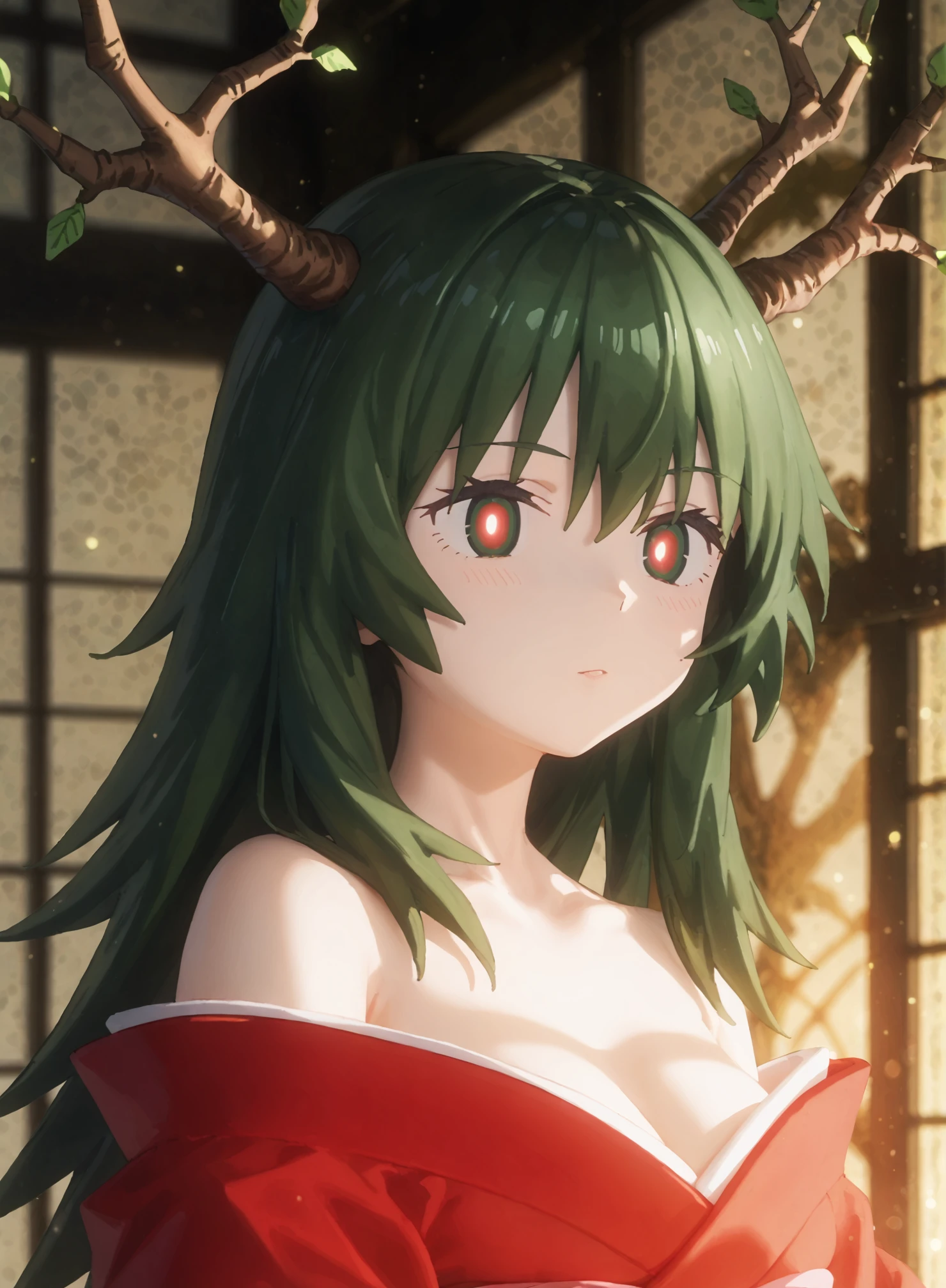 ((Masterpiece:1.3)), (best quality:1.2), score_9, score_8_up, score_7_up, <lora:Mountain_God:1>, mountain_god, 1girl, solo, portrait, wearing traditional Japanese clothes, green hair flowing gently, tree-like horns, red and green multicolored eyes, calm expression, off-shoulder kimono, soft lighting illuminating her face, dramatic shadows on her body, subtle glowing aura around her, warm golden light from the side highlighting her features, delicate glow from her eyes, serene and powerful presence, mystical atmosphere