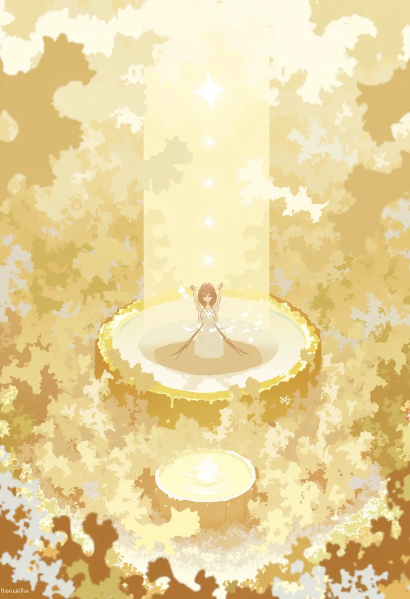 digital artwork rendered in a whimsical, fantastical style, with a soft, dreamy color palette dominated by various shades of gold, beige, and cream. The scene depicts an ethereal, otherworldly scene with a central figure that appears to be a winged, angelic creature with a humanoid upper body and bird-like lower body. The figure has flowing, ethereal hair and wings that seem to glow softly, blending into the background.