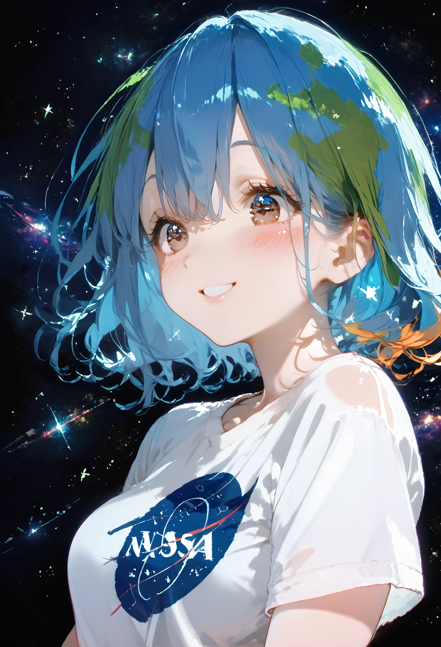 score_9, score_8_up, score_7_up, best quality, source_anime BREAK, ima_AI123, Earth-chan, 1girl, green hair, multicolored hair, brown eyes, white shirt, blue hair, smile, two-tone hair, short hair, short sleeves, space, hair between eyes, starry sky, NASA shirt, blush, upper body, medium breasts, <lora:Earth-chan:1>, <lora:ima_AI123:1>