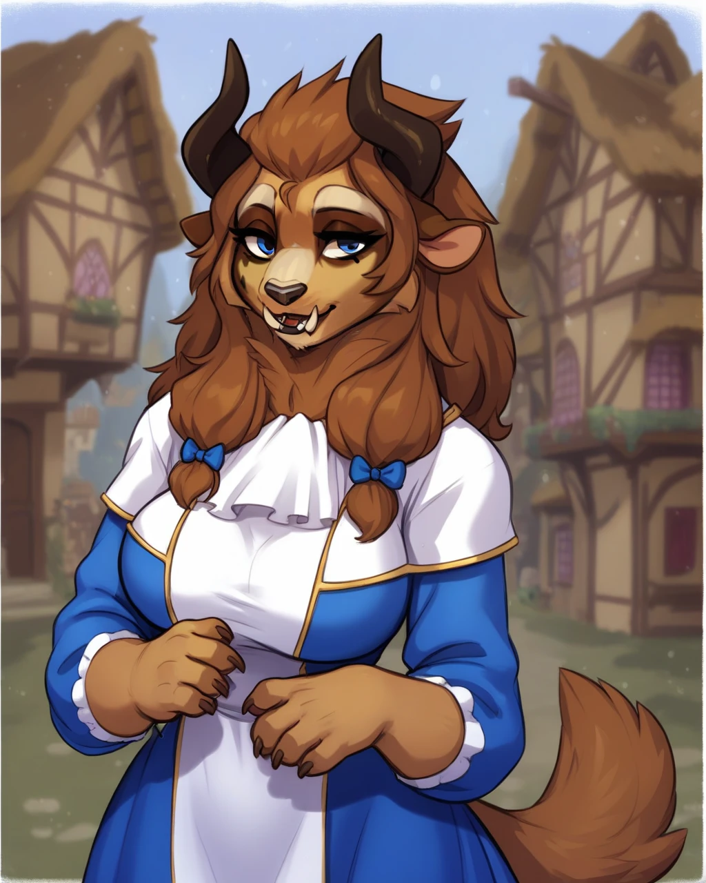 score_9, score_8_up, score_7_up, rating_explicit, source_furry, BREAK, female, (b3astb3ll3, anthro), hairy, (detailed fur, brown fur), (long beautiful hair), horns, modest, shy, (peasant clothes, blue sundress), white shirt, white long sleeves, flirty smile, narrowed eyes, beautiful eyes, mouth closed, fangs, BREAK, upper body, transformation, mid-transformation, French medieval town, town square <lora:BeastBelle-000010:0.9>