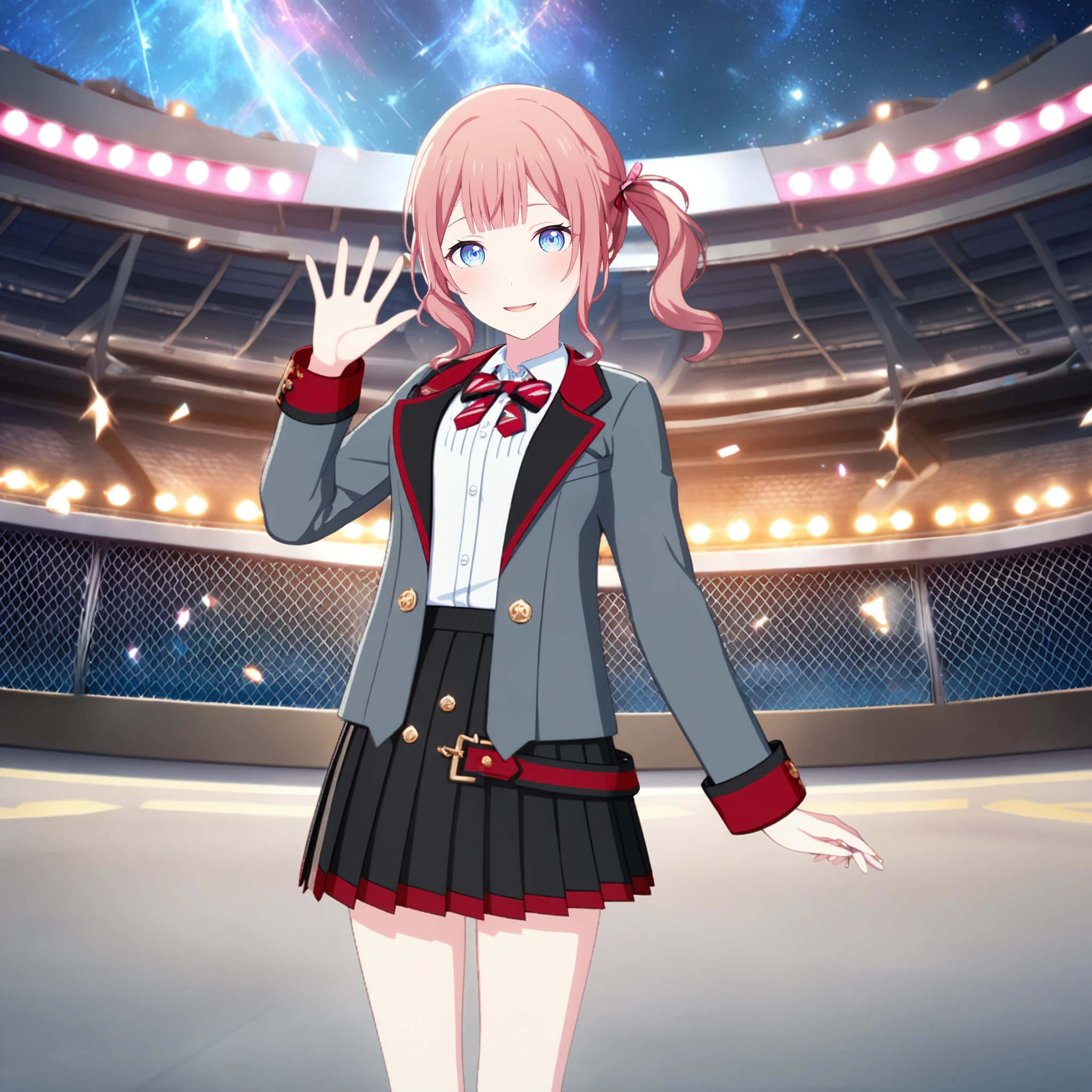 1girl, mochizuki honami, project sekai, masterpiece, very aesthetic, absurdres, official art, recent,
brandnew honami, solo, brown long hair, side ponytail, blue eyes, blunt bangs,
(looking at viewer:1.4),  smiling, closed mouth, standing, waving, 
black pleated skirt, white shirt, jacket, red striped bowtie, grey jacket, long sleeves, red bow, open jacket, collared shirt, star (symbol), dress shirt, buttons, school uniform, blazer, shirt tucked in, diagonal-striped bow, pocket, striped ribbon, breast pocket, wing collar, miniskirt, star \(symbol\), red trim skirt, 
beautiful starry sky, top of the school building, (chain-link fence:1.4), 
<lora:sdxl-leo-BNHonami03:0.9:lbw=0,0,0.2,0.2,0,0.4,0.4,0,0.8,0.8,0,0,0,0.8,0.8,0.6,0.8,0.0,0.0,0.0,0,0,0,0,0,0>